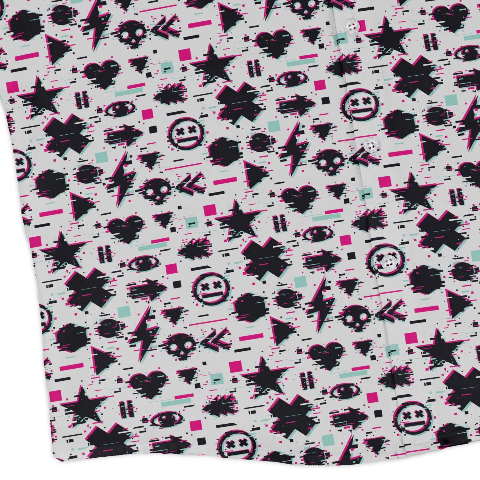 Glitchy Game Effects Video Game Long Sleeve Button Up Shirt Geek Nerd adult sizing FLOW DESC WRITING video game arcade print