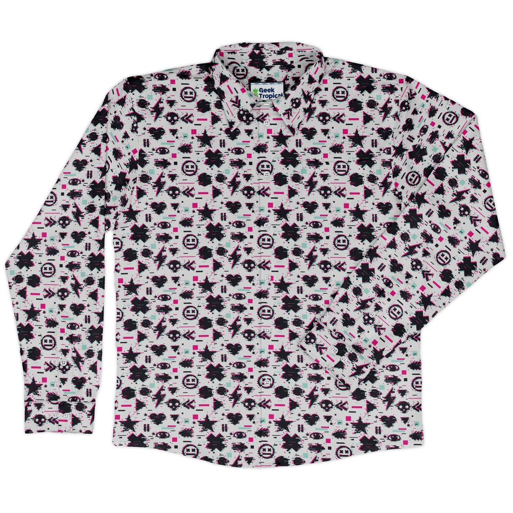 Glitchy Game Effects Video Game Long Sleeve Button Up Shirt Geek Nerd adult sizing FLOW DESC WRITING video game arcade print