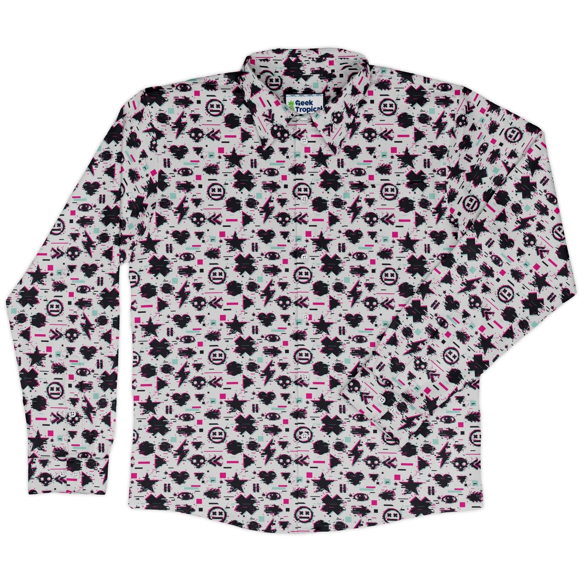 Glitchy Game Effects Video Game Long Sleeve Button Up Shirt Geek Nerd adult sizing FLOW DESC WRITING video game arcade print