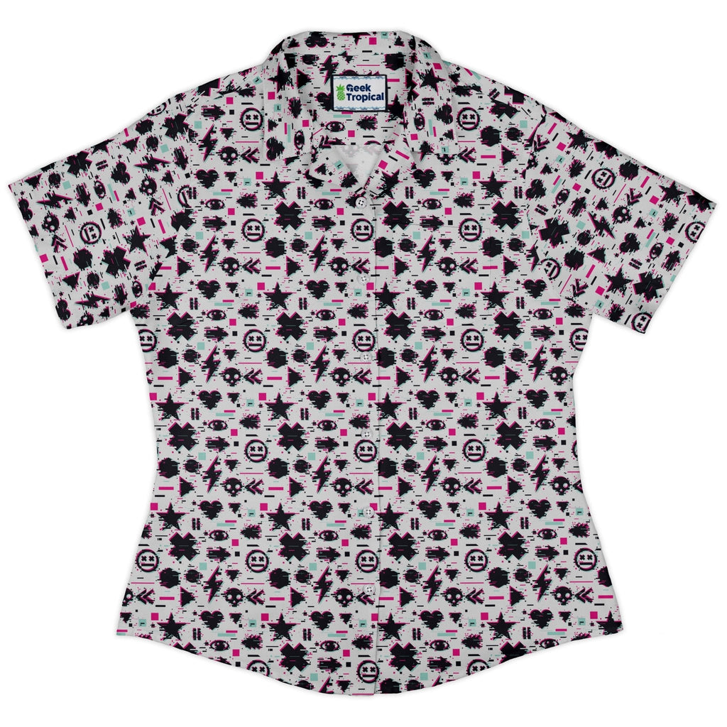 Glitchy Game Effects Video Game Curvy Button Up Shirt Geek Nerd video game arcade print women