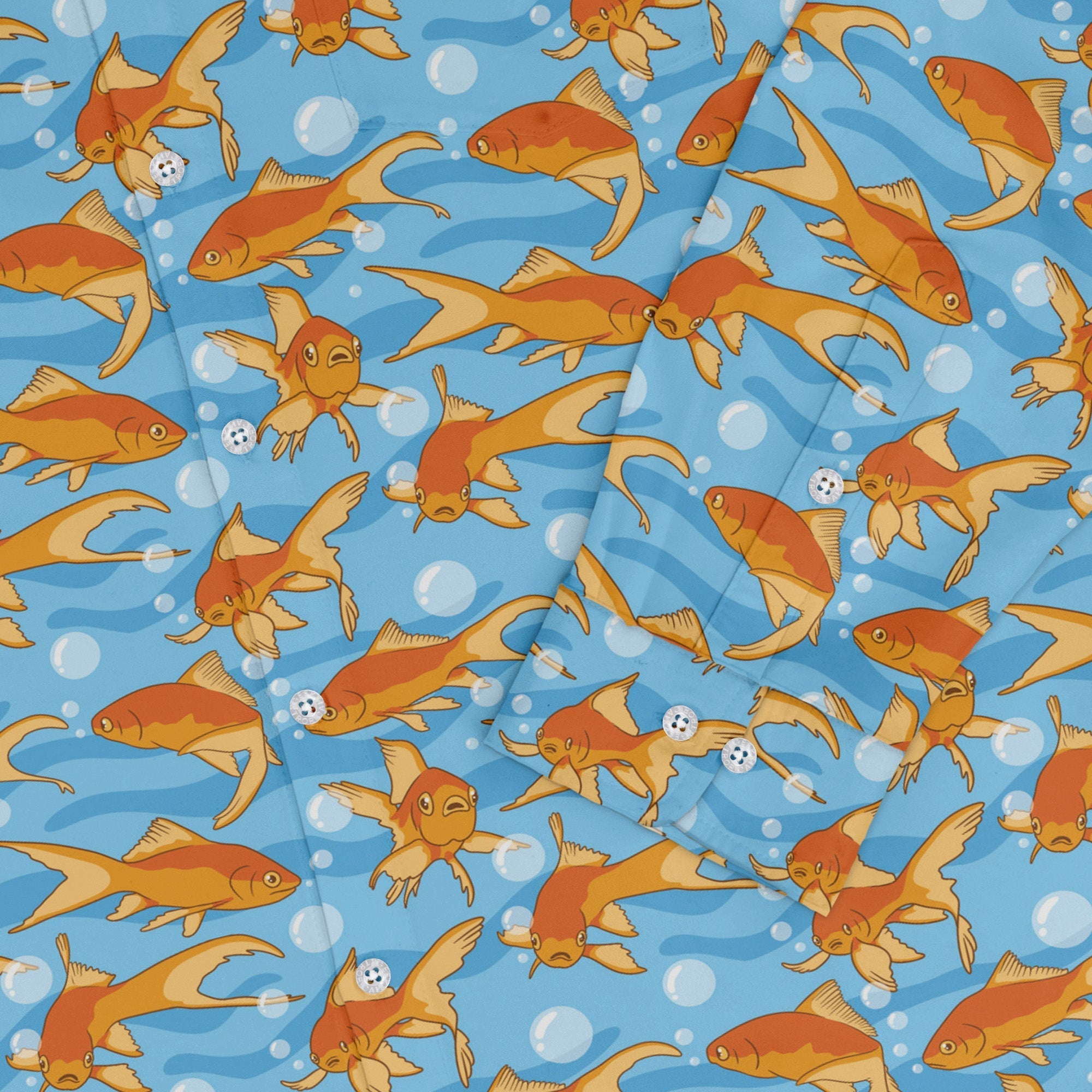 Goldfish Long Sleeve Button Up Shirt Geek Nerd adult sizing Design by Julie Kitzes FLOW DESC WRITING