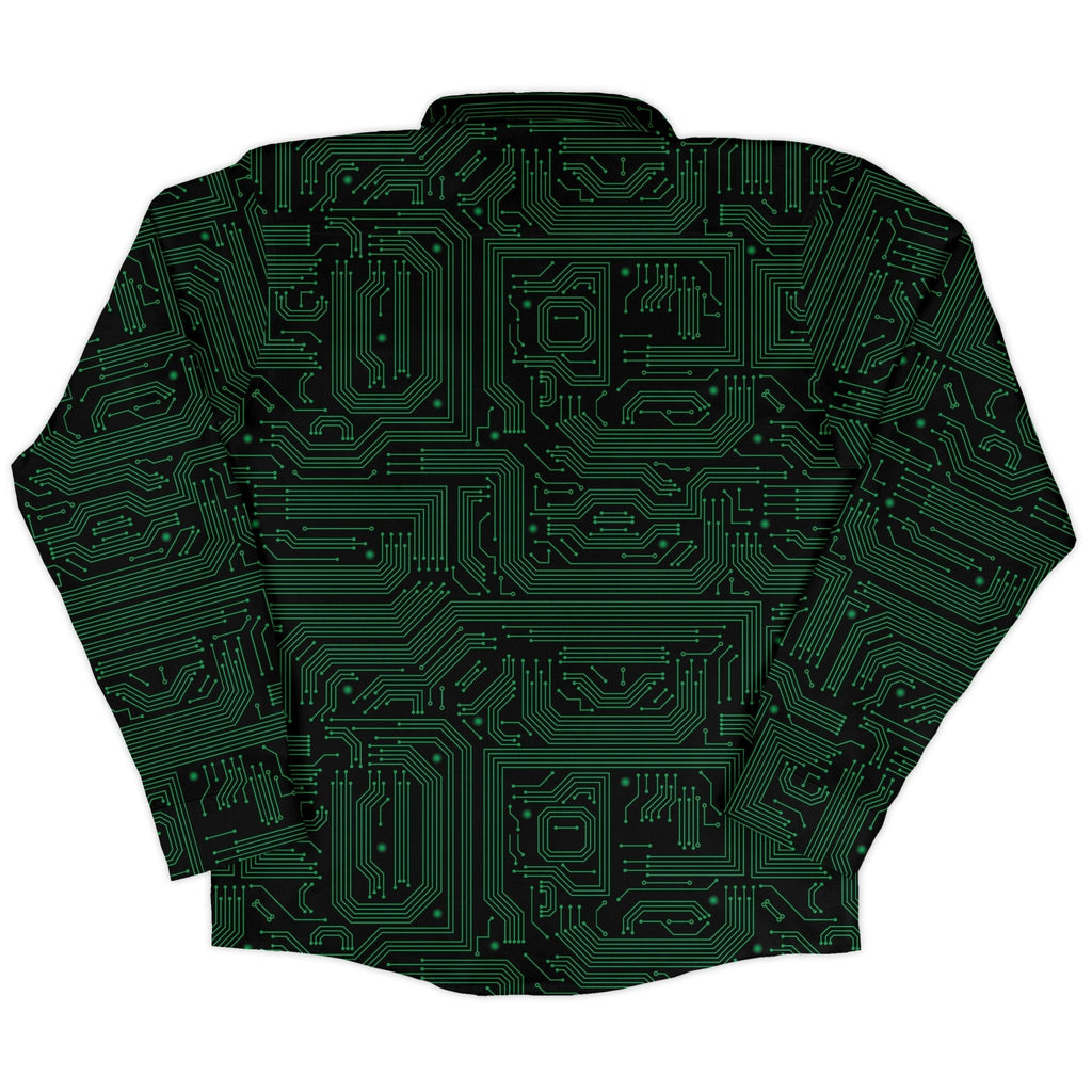 Green Computer Circuits Long Sleeve Button Up Shirt Geek Nerd adult sizing computer print FLOW DESC WRITING