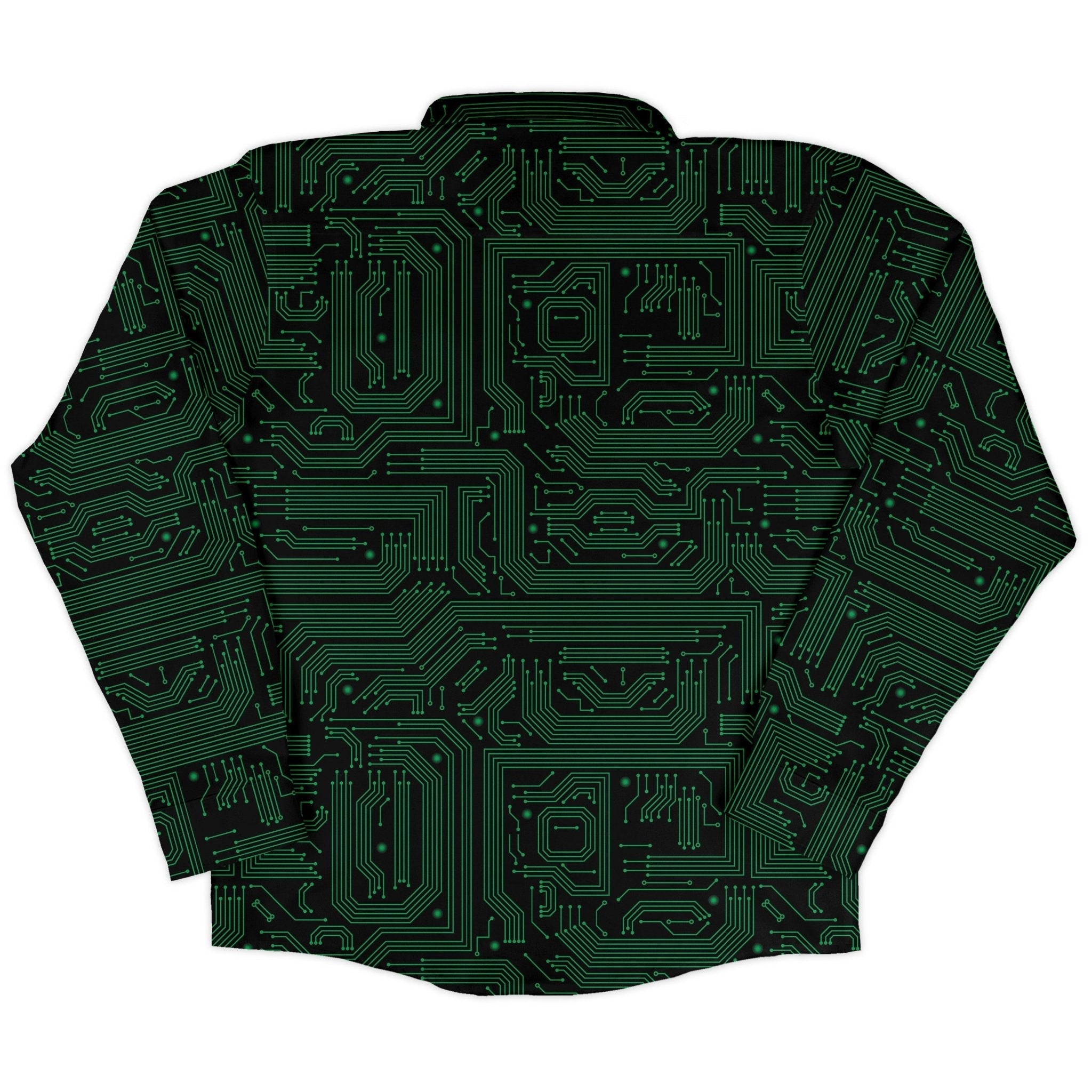 Green Computer Circuits Long Sleeve Button Up Shirt Geek Nerd adult sizing computer print FLOW DESC WRITING