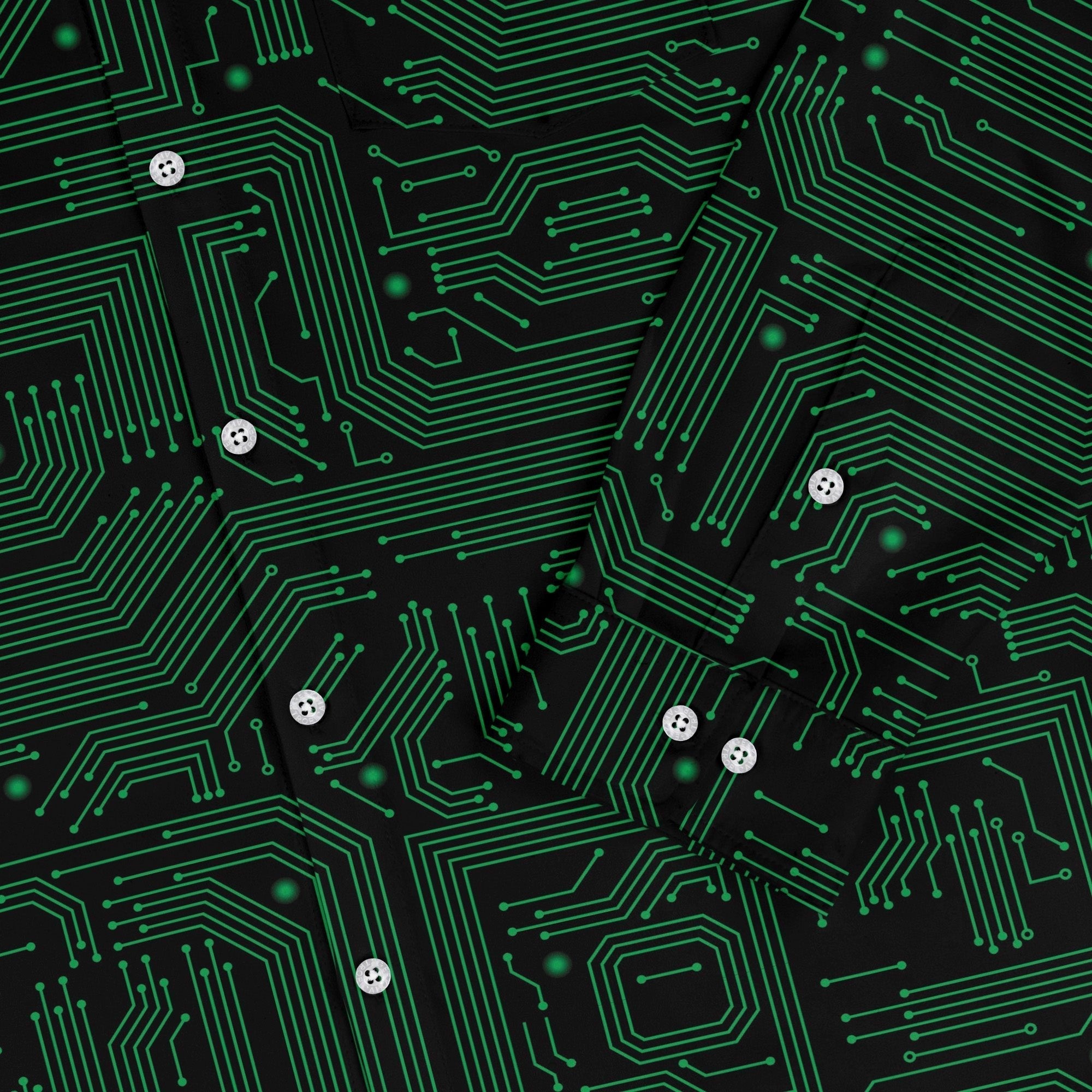 Green Computer Circuits Long Sleeve Button Up Shirt Geek Nerd adult sizing computer print FLOW DESC WRITING