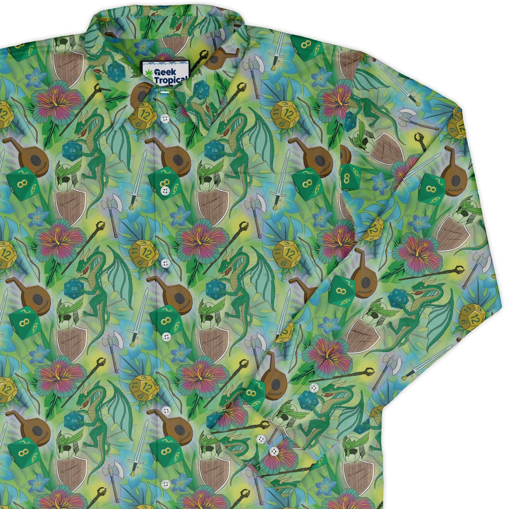 Green Dragon Encounter Dnd Long Sleeve Button Up Shirt Geek Nerd adult sizing Animal Patterns Designs by Nathan