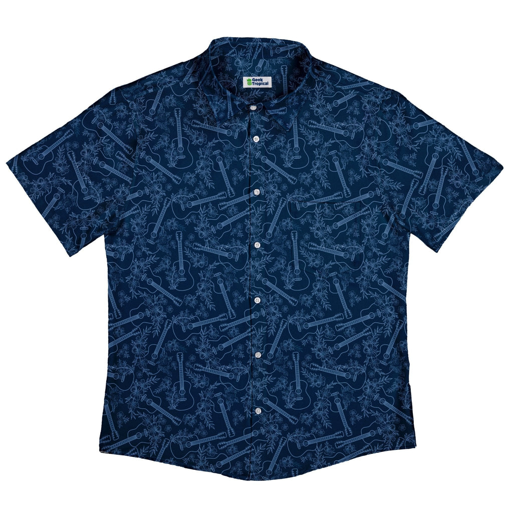 Guitar Blossoms Blue Button Up Shirt - adult sizing - Design by Dunking Toast - music print