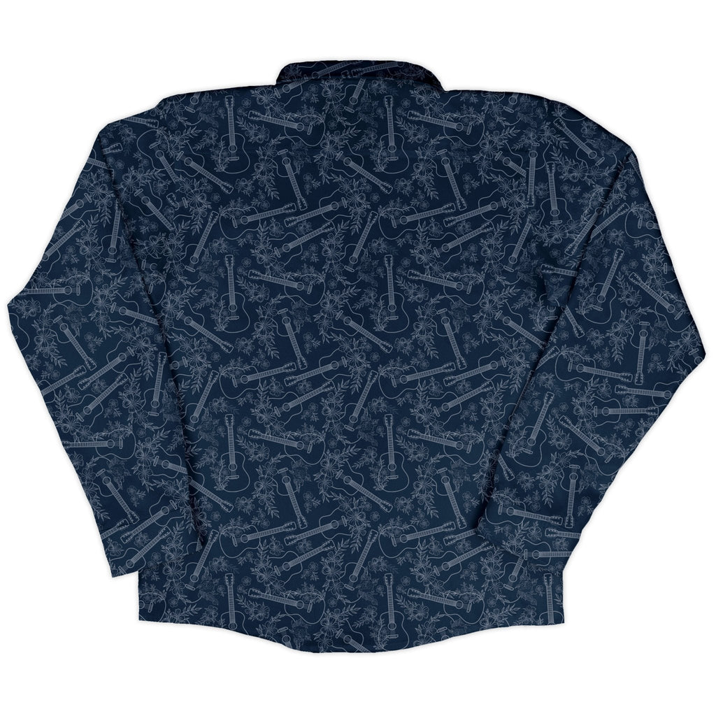 Guitar Blossoms Blue Long Sleeve Button Up Shirt Geek Nerd adult sizing Design by Dunking Toast FLOW DESC WRITING
