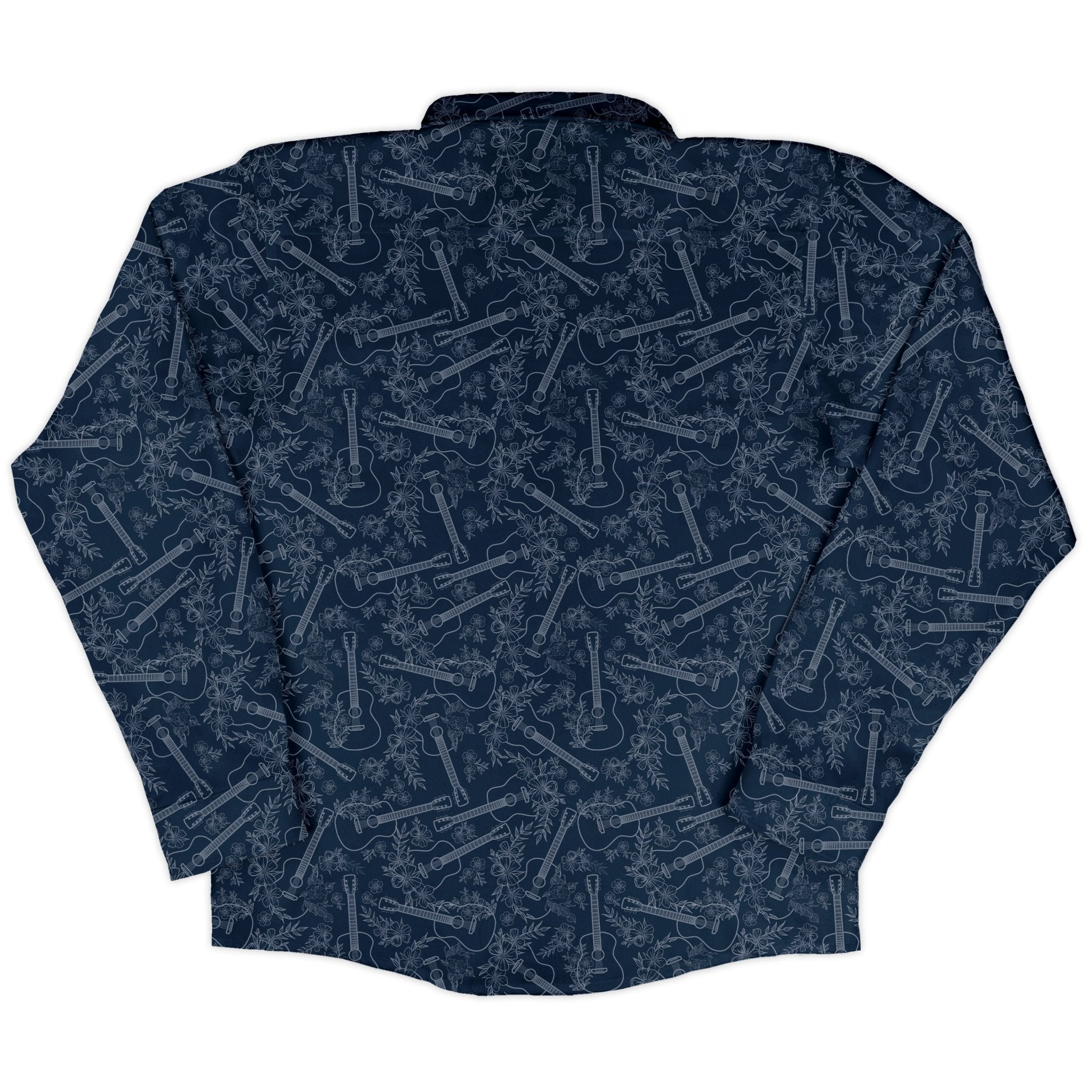 Guitar Blossoms Blue Long Sleeve Button Up Shirt Geek Nerd adult sizing Design by Dunking Toast FLOW DESC WRITING