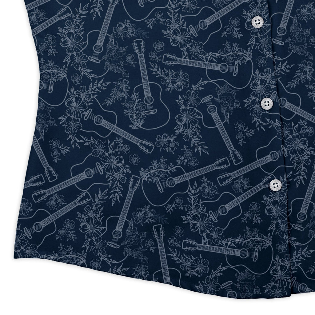 Guitar Blossoms Blue Curvy Button Up Shirt Geek Nerd Design by Dunking Toast music print women