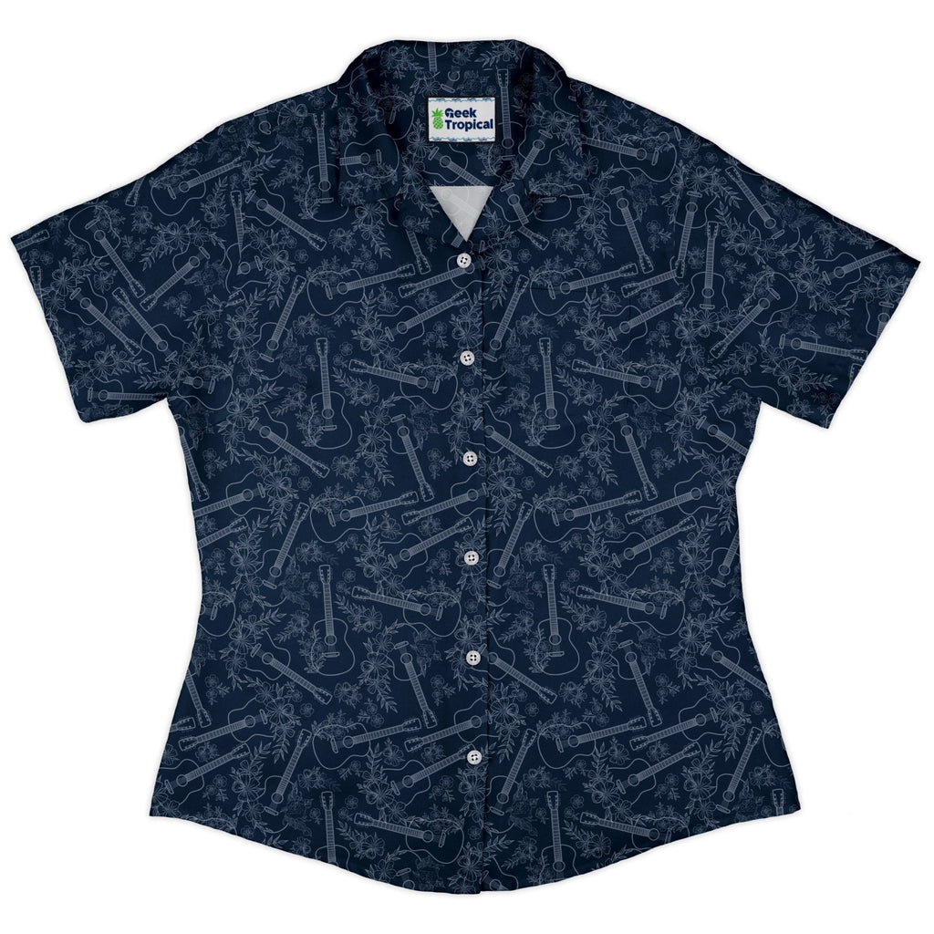 Guitar Blossoms Blue Curvy Button Up Shirt Geek Nerd Design by Dunking Toast music print women
