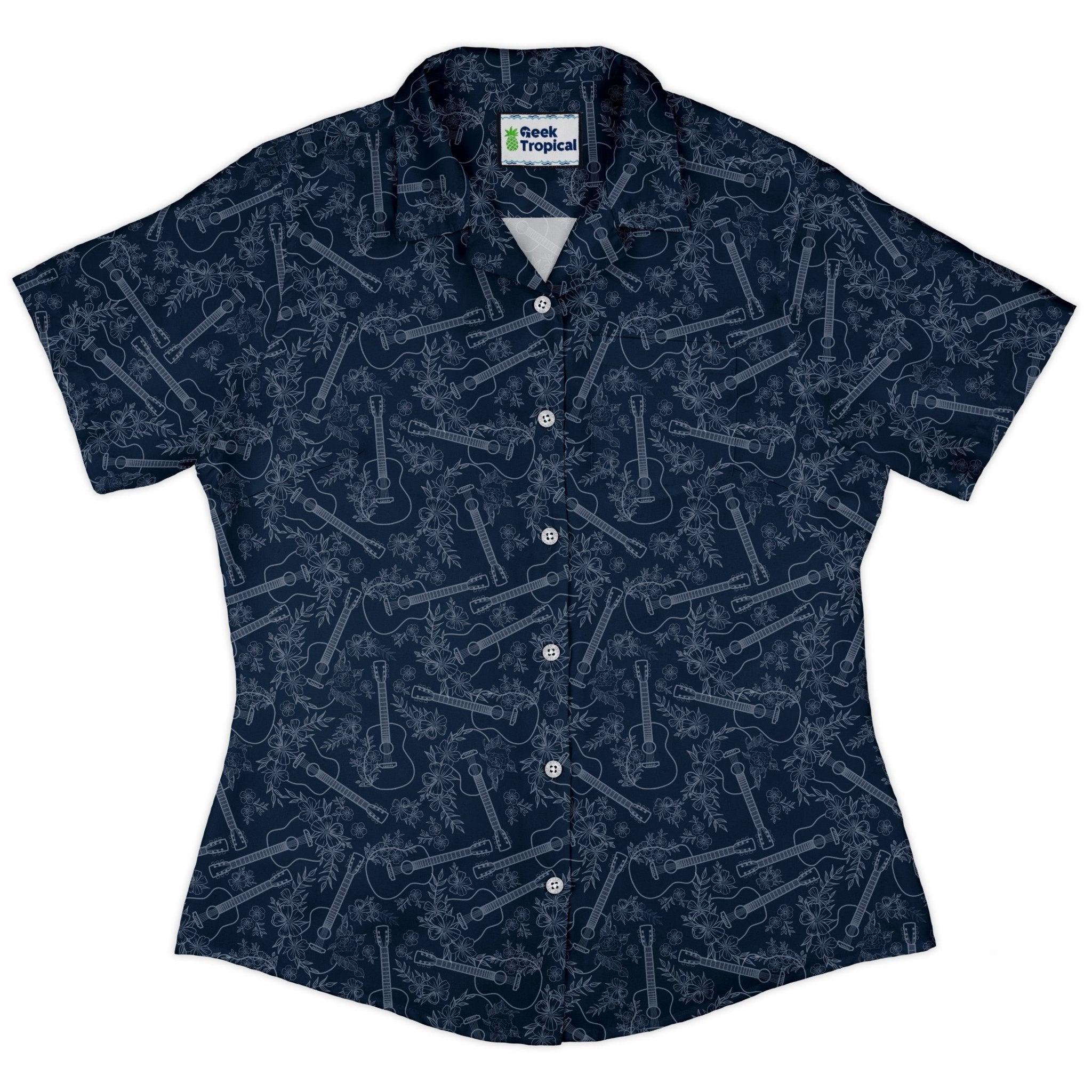 Guitar Blossoms Blue Curvy Button Up Shirt Geek Nerd Design by Dunking Toast music print women