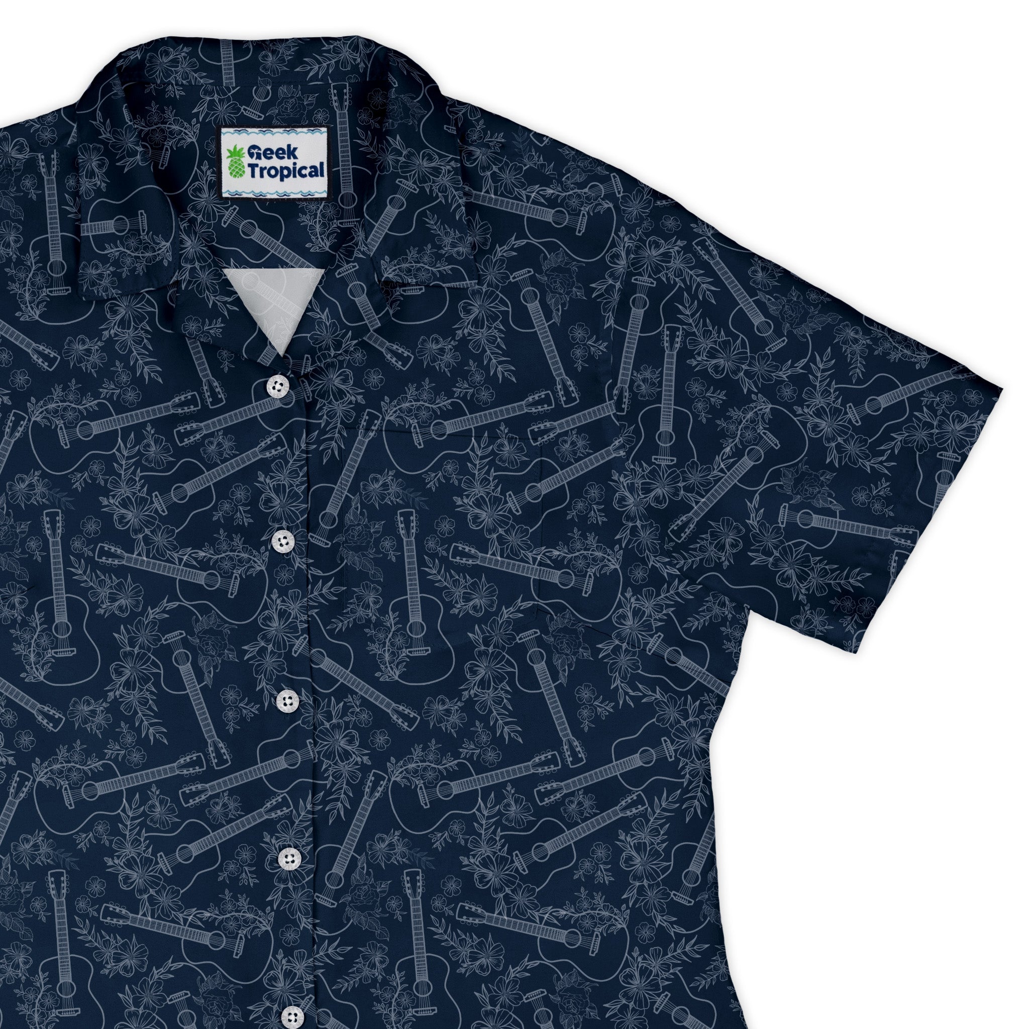 Guitar Blossoms Blue Curvy Button Up Shirt Geek Nerd Design by Dunking Toast music print women