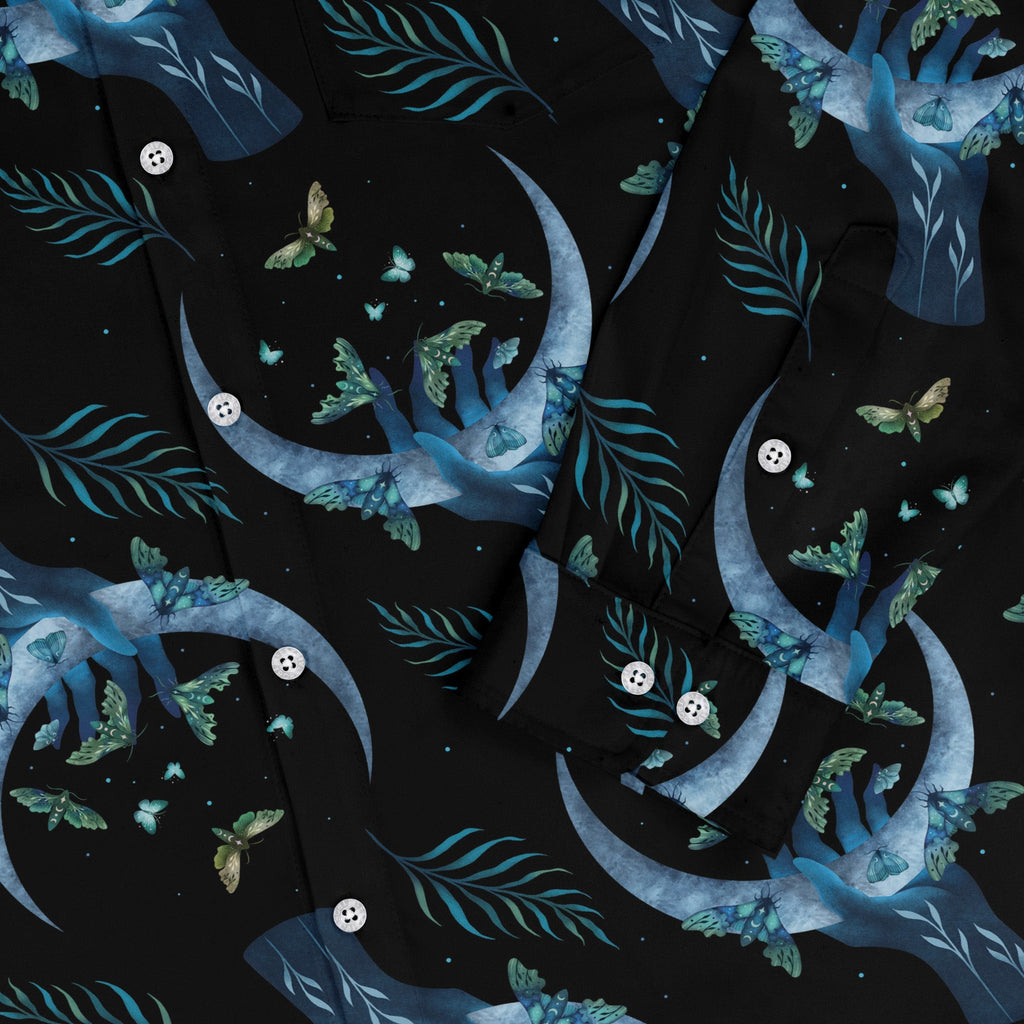 Hand on the Moon Moth Long Sleeve Button Up Shirt Geek Nerd adult sizing Design by Episodic FLOW DESC WRITING