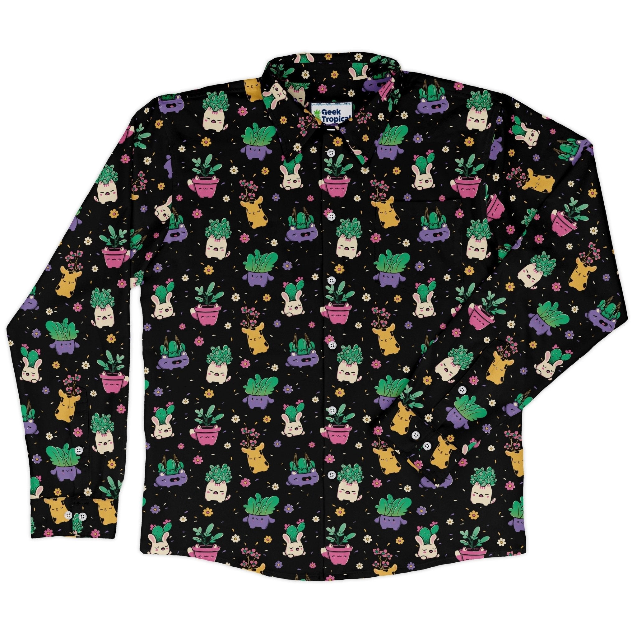 Happy Kawaii Plants Long Sleeve Button Up Shirt Geek Nerd 0925 adult sizing All Adult Button Up Shirts