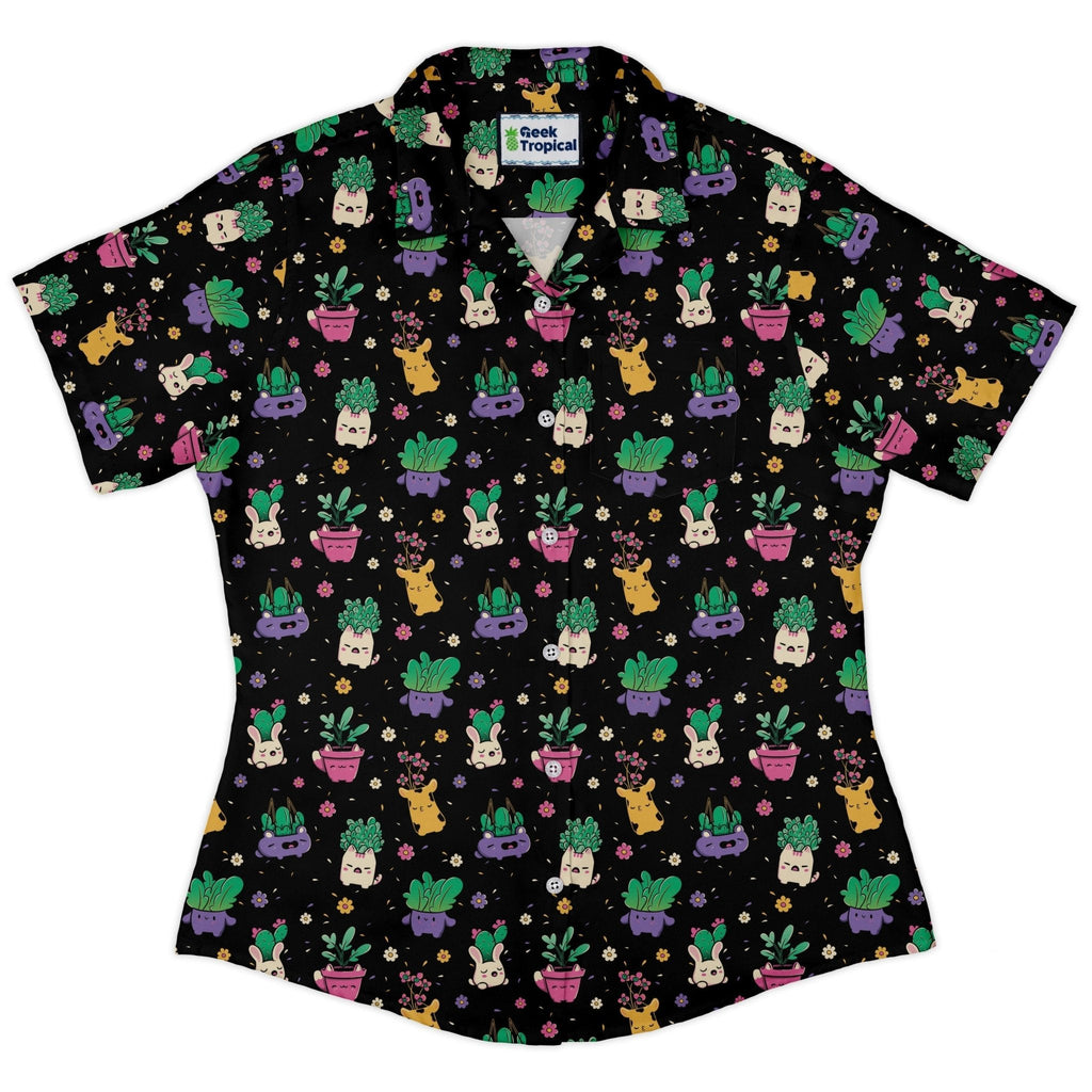 Happy Kawaii Plants Curvy Button Up Shirt Geek Nerd 0925 All Adult Button Up Shirts Anime