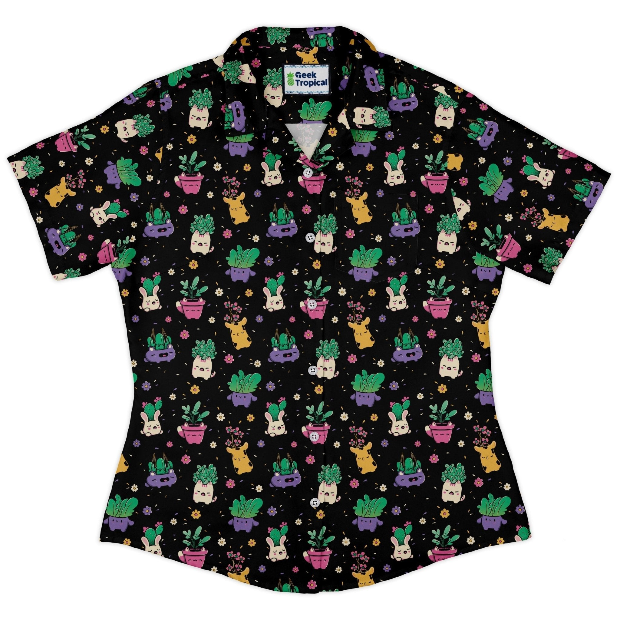Happy Kawaii Plants Curvy Button Up Shirt Geek Nerd 0925 All Adult Button Up Shirts Anime