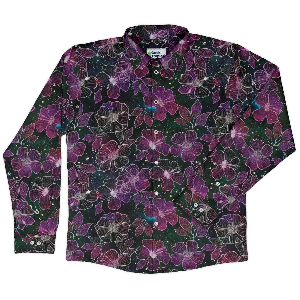 Hawaiian Blooms Space Long Sleeve Button Up Shirt Geek Nerd adult sizing Botany Print Designs by Nathan