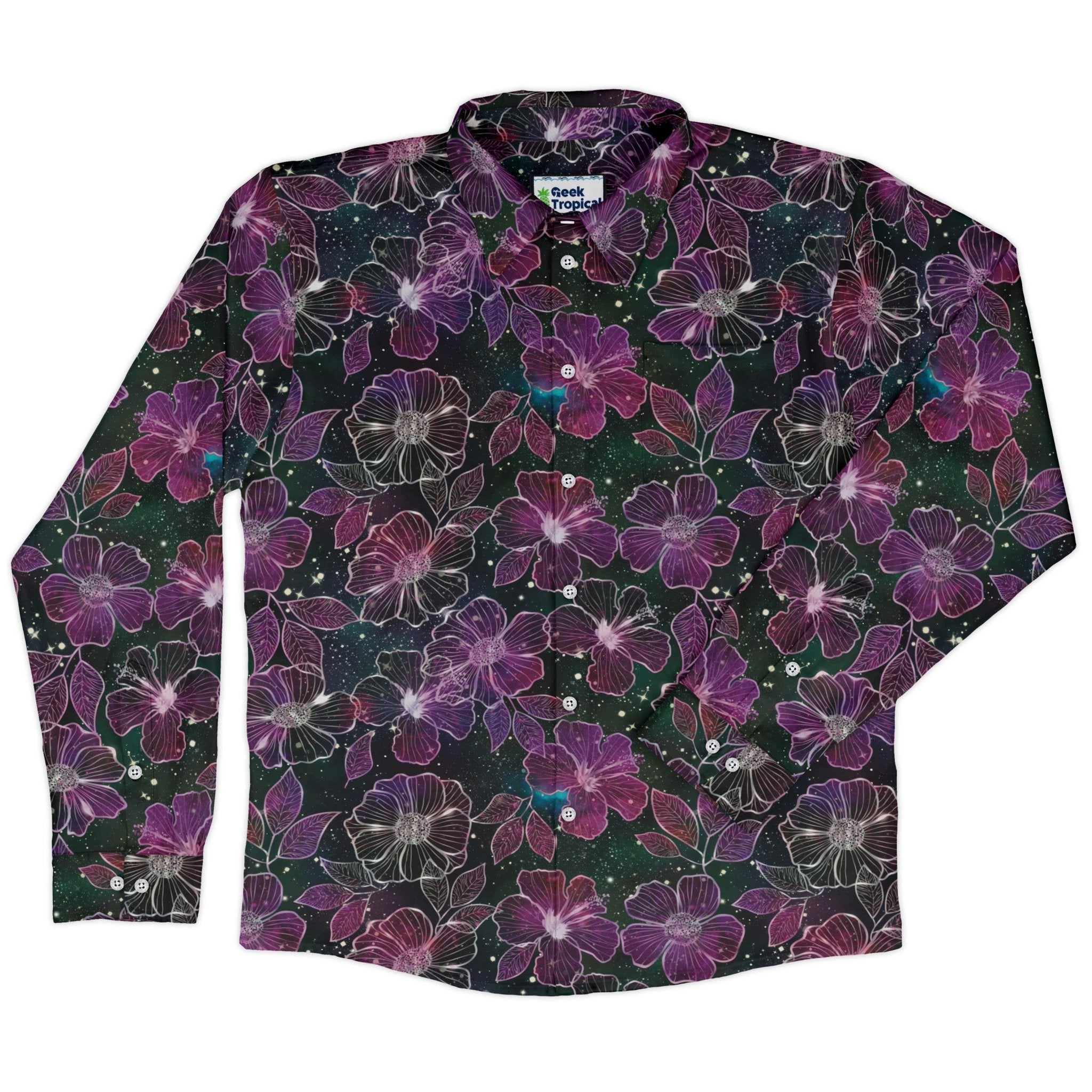 Hawaiian Blooms Space Long Sleeve Button Up Shirt Geek Nerd adult sizing Botany Print Designs by Nathan