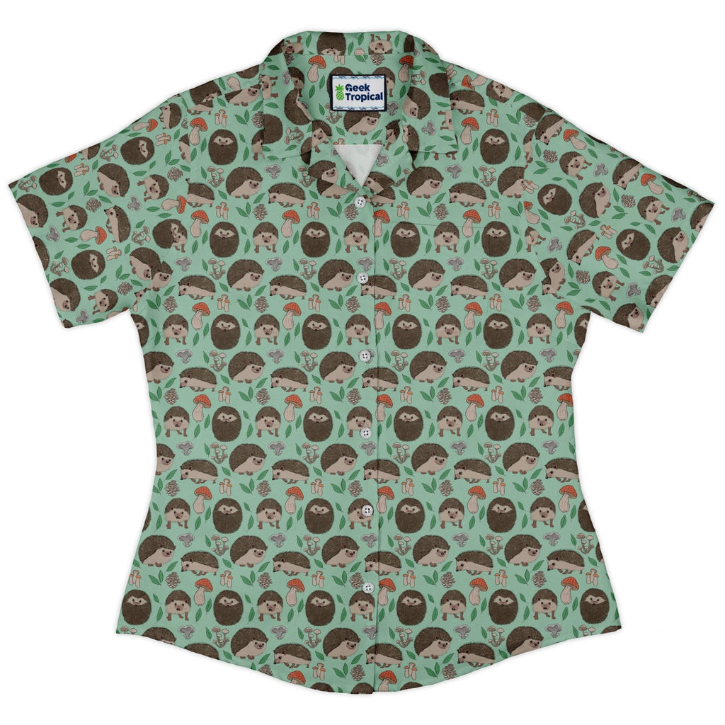 Hedge Hog Garden Adventures Curvy Button Up Shirt Geek Nerd animal patterns botany print Design by Julie Kitzes