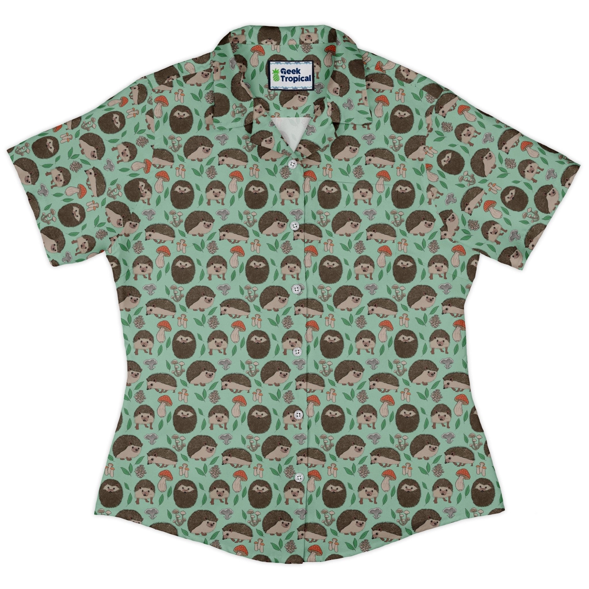 Hedge Hog Garden Adventures Curvy Button Up Shirt Geek Nerd animal patterns botany print Design by Julie Kitzes
