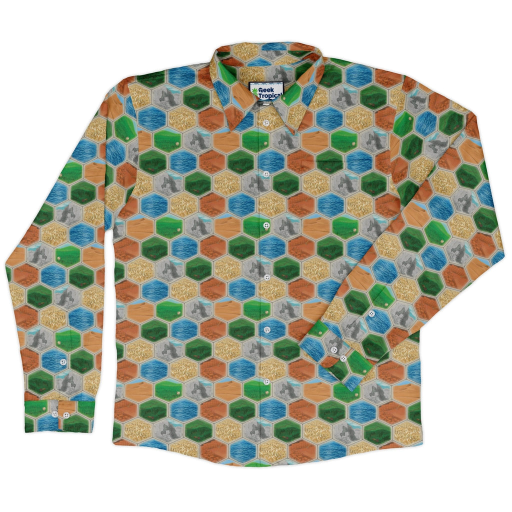 Hexagon Tile Board Game Long Sleeve Button Up Shirt Geek Nerd adult sizing board game print Designs by Nathan