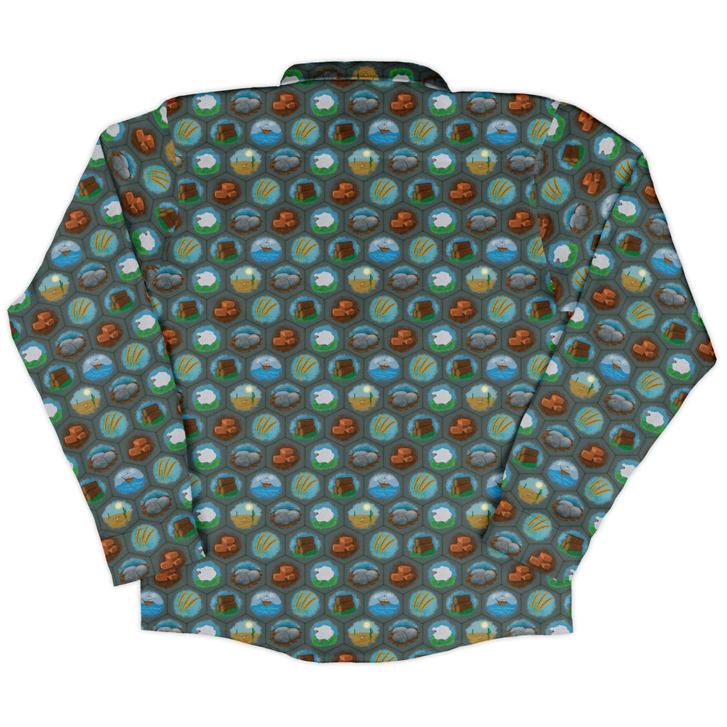 Hexagon Tile Game Symbols Long Sleeve Button Up Shirt Geek Nerd adult sizing board game print Designs by Nathan