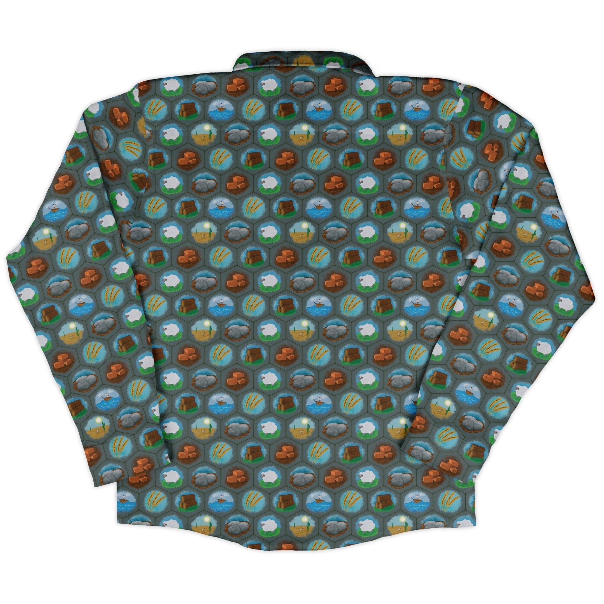 Hexagon Tile Game Symbols Long Sleeve Button Up Shirt Geek Nerd adult sizing board game print Designs by Nathan
