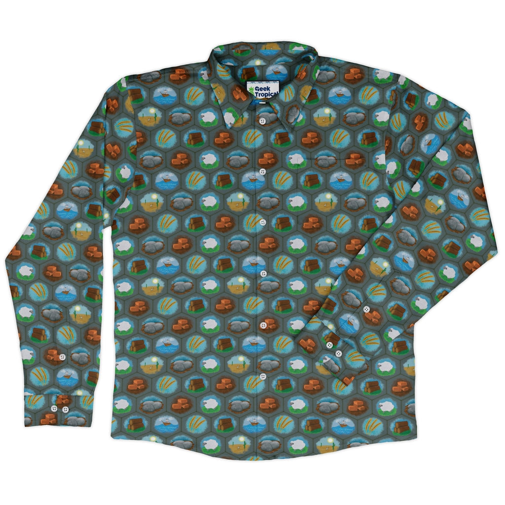 Hexagon Tile Game Symbols Long Sleeve Button Up Shirt Geek Nerd adult sizing board game print Designs by Nathan