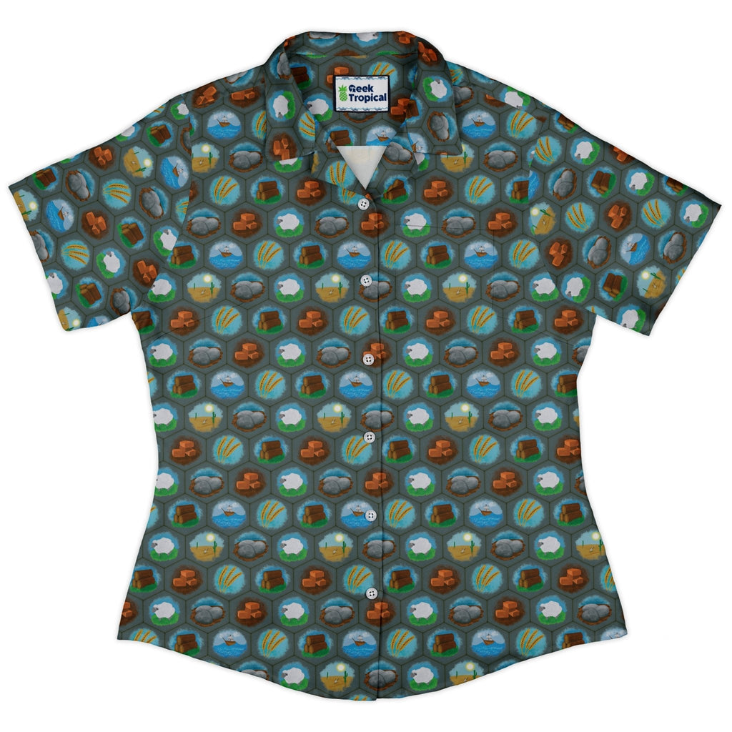 Hexagon Tile Game Symbols Curvy Button Up Shirt Geek Nerd board game print Designs by Nathan women