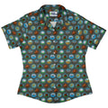 Hexagon Tile Game Symbols Curvy Button Up Shirt Geek Nerd board game print Designs by Nathan women