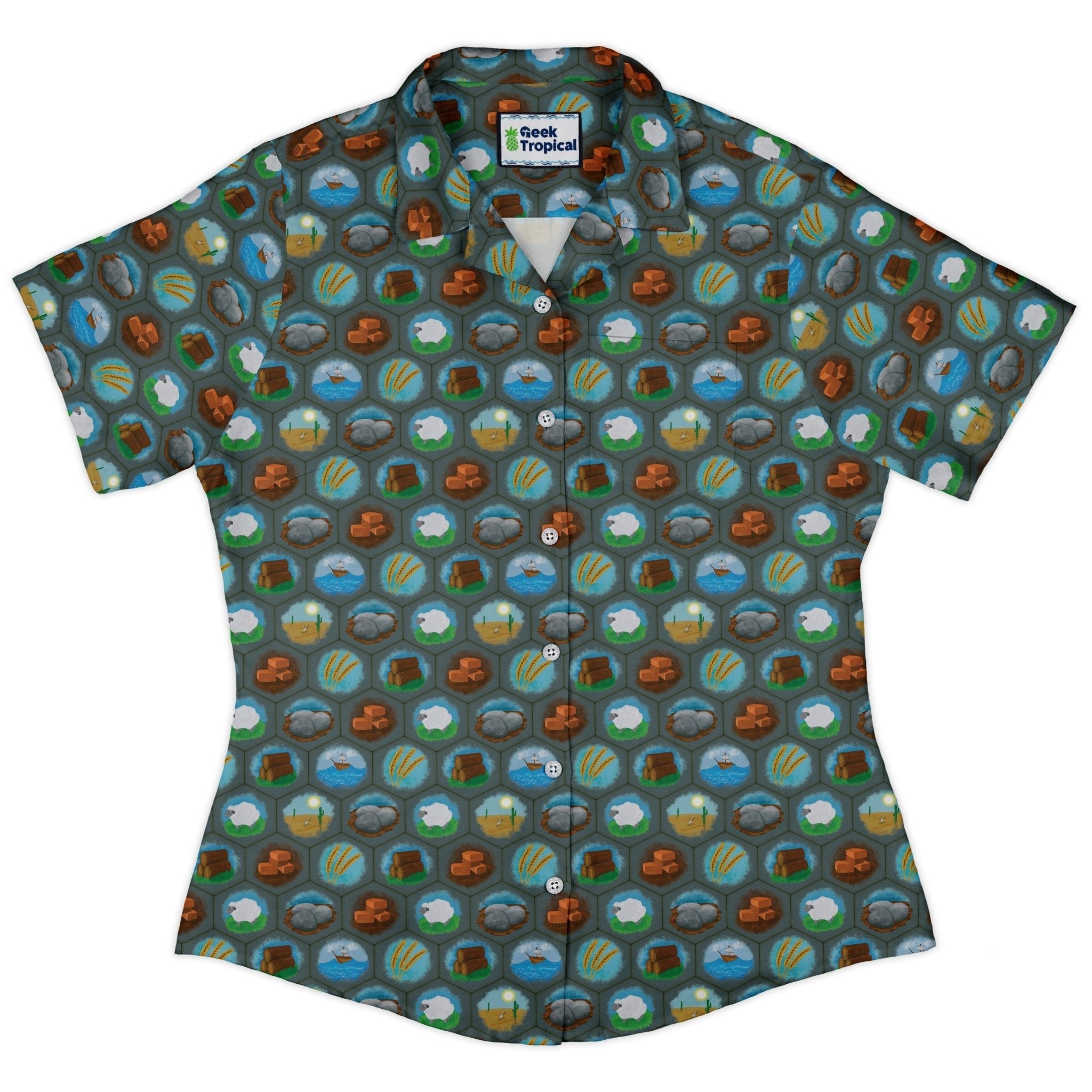 Hexagon Tile Game Symbols Curvy Button Up Shirt Geek Nerd board game print Designs by Nathan women