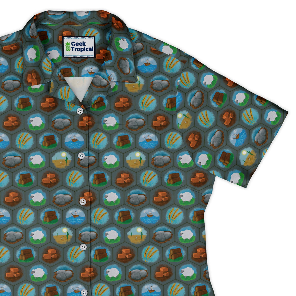 Hexagon Tile Game Symbols Curvy Button Up Shirt Geek Nerd board game print Designs by Nathan women