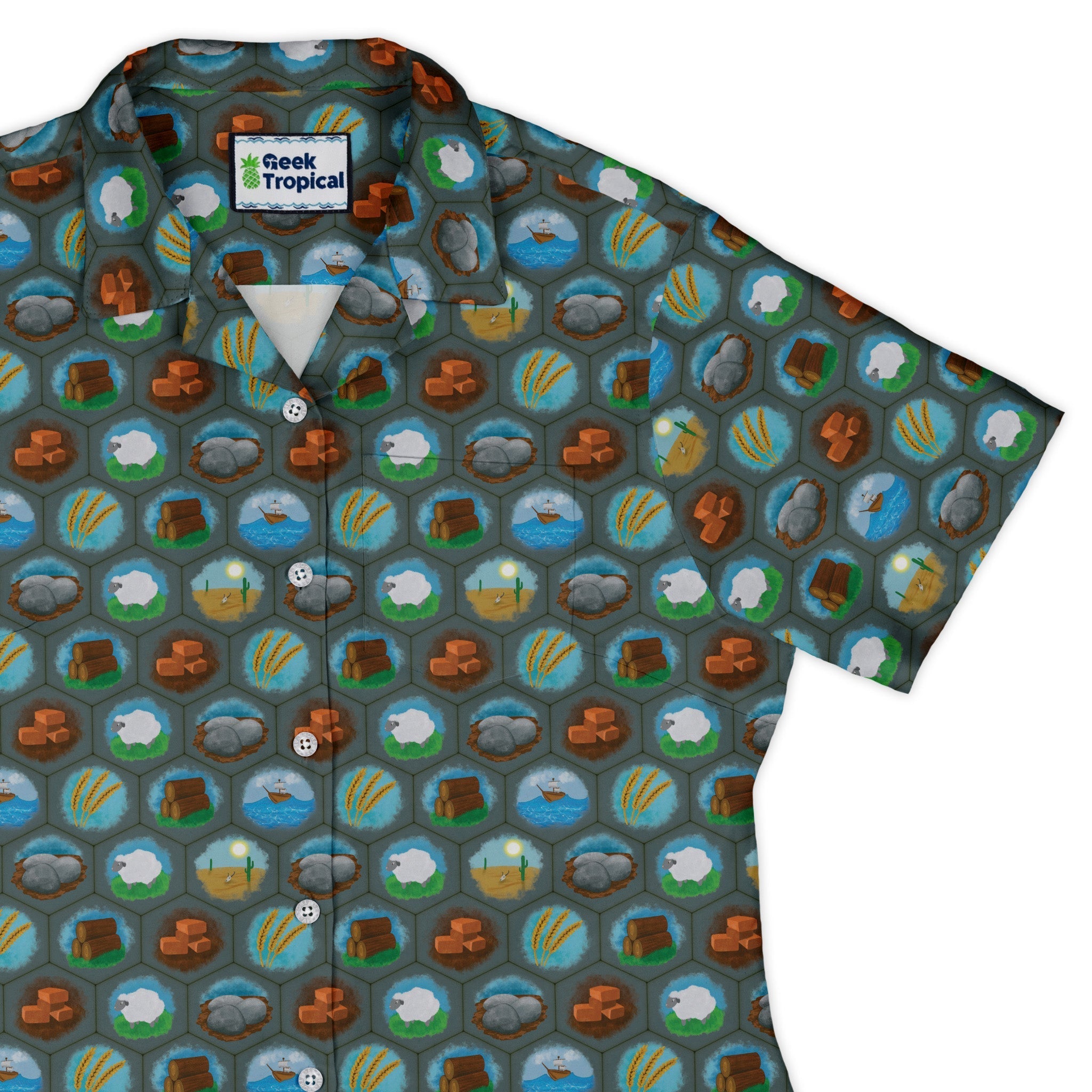 Hexagon Tile Game Symbols Curvy Button Up Shirt Geek Nerd board game print Designs by Nathan women