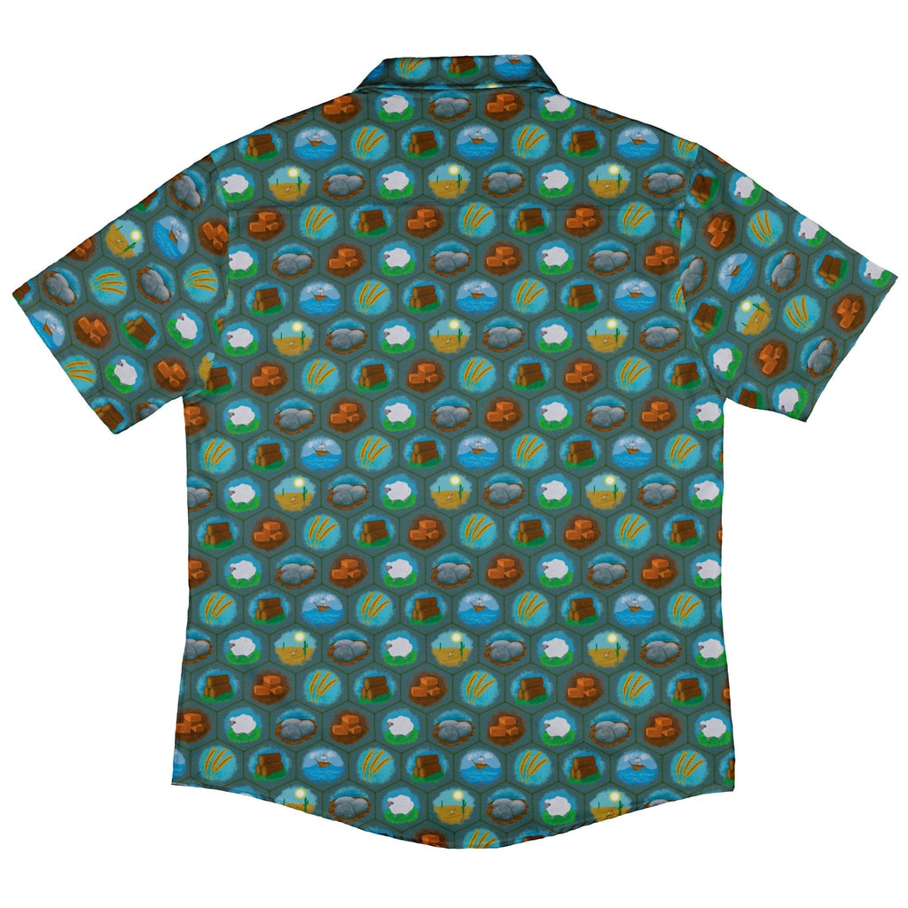 Hexagon Tile Game Symbols Button Up Shirt - adult sizing - board game print - Designs by Nathan
