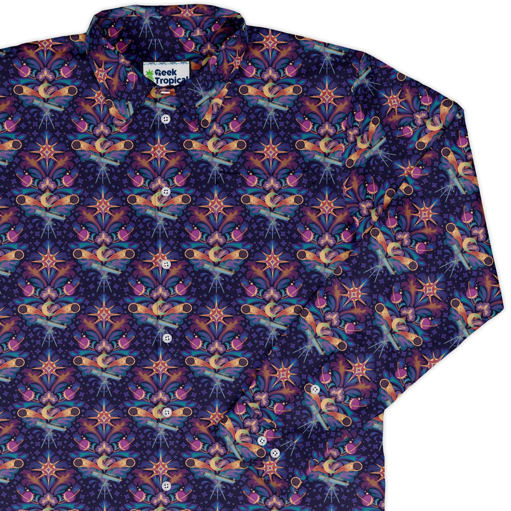 Hidden Astronomy Long Sleeve Button Up Shirt Geek Nerd adult sizing Design by Brigid Ashwood FLOW DESC WRITING