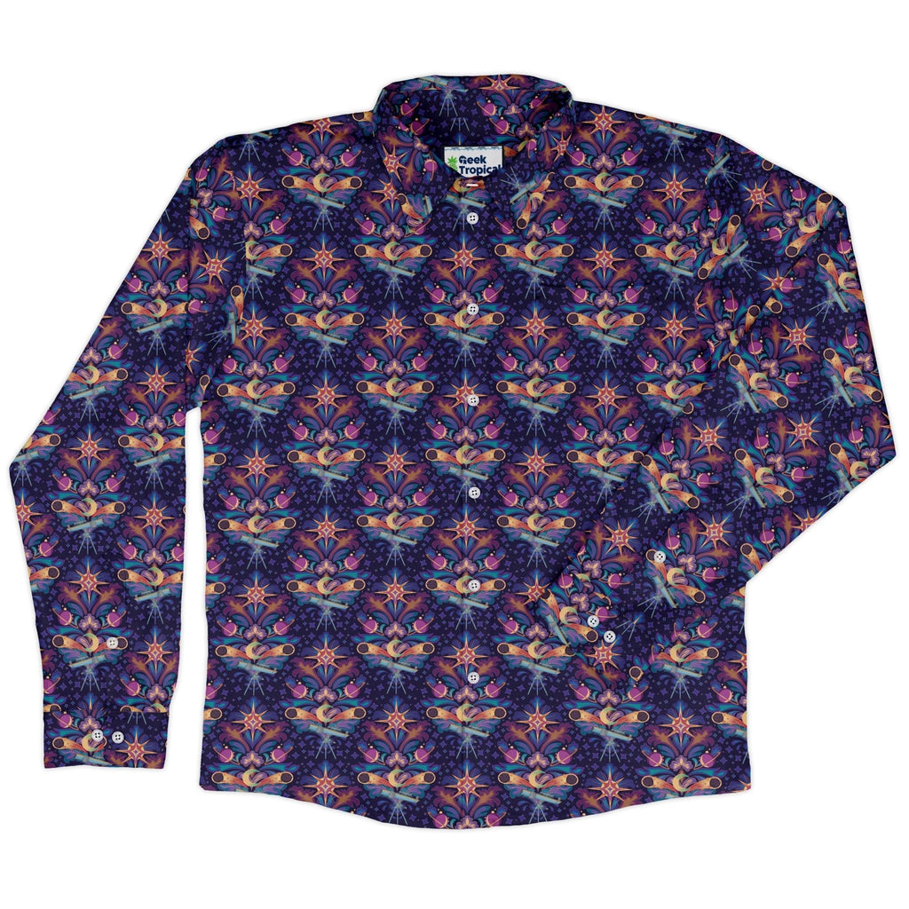 Hidden Astronomy Long Sleeve Button Up Shirt Geek Nerd adult sizing Design by Brigid Ashwood FLOW DESC WRITING