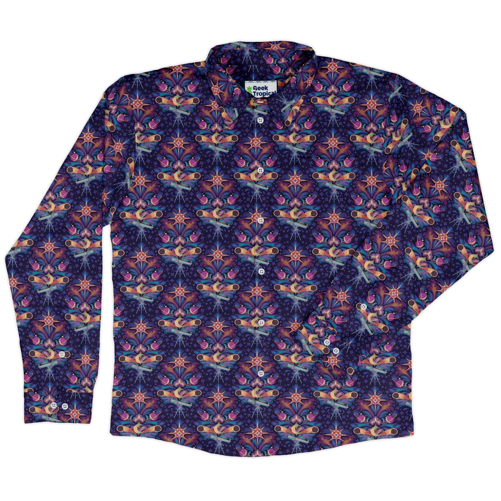 Hidden Astronomy Long Sleeve Button Up Shirt Geek Nerd adult sizing Design by Brigid Ashwood FLOW DESC WRITING