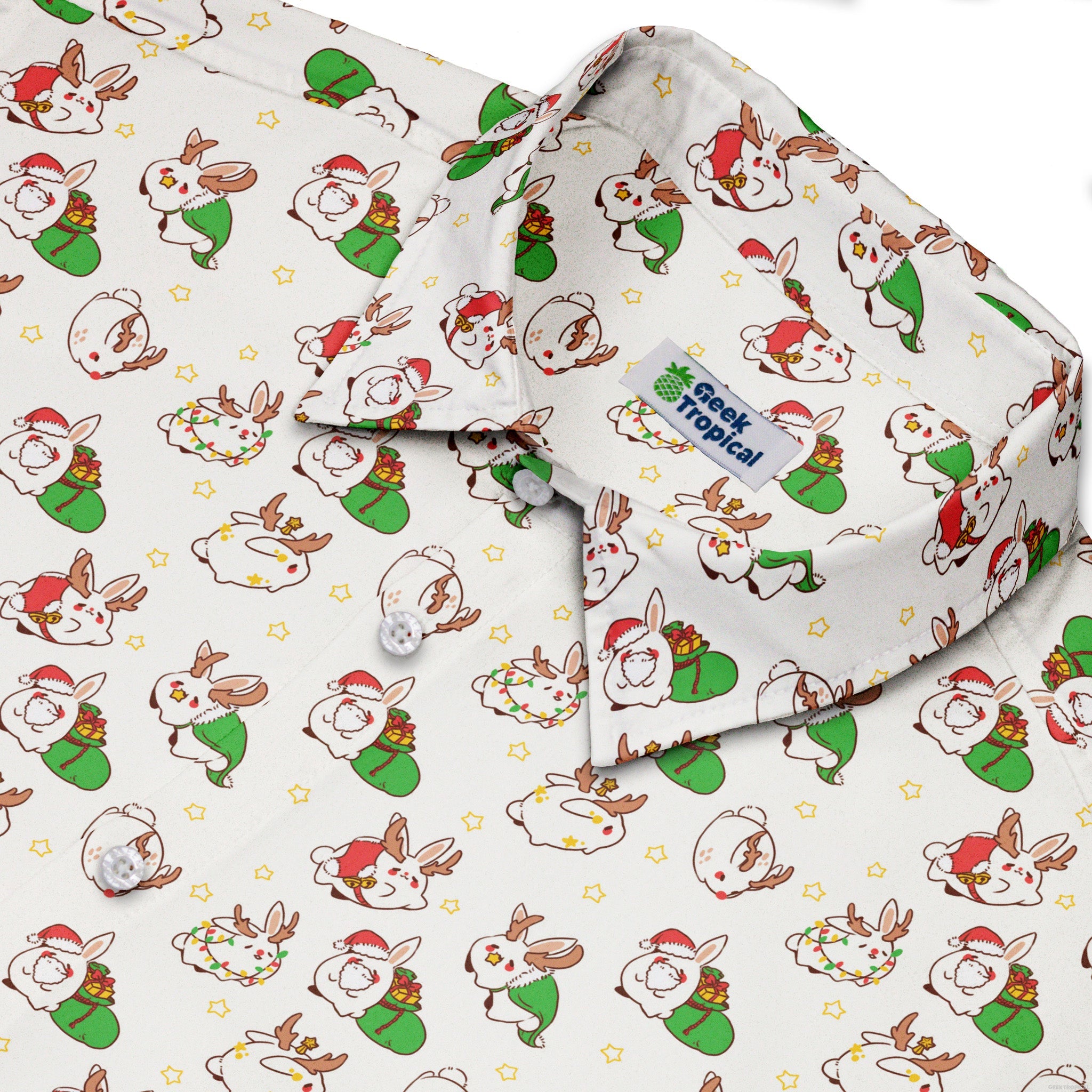 Holly Jolly Bunnies Button Up Shirt Geek Nerd adult sizing Christmas Print Design by Ardi Tong