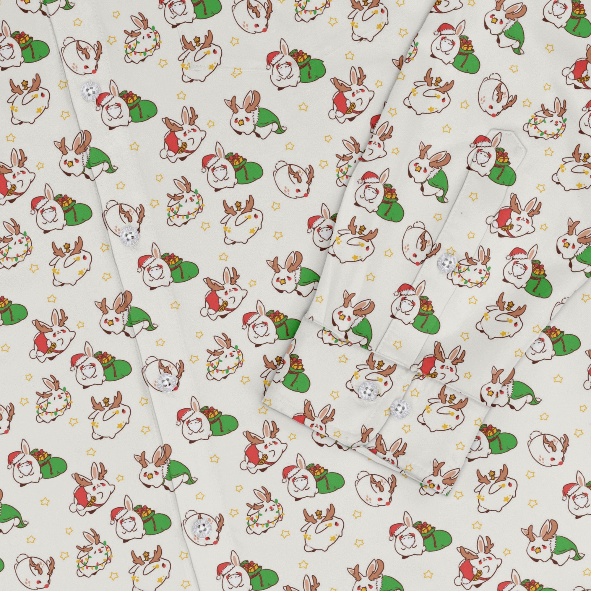 Holly Jolly Bunnies Long Sleeve Button Up Shirt Geek Nerd adult sizing Anime Christmas Print