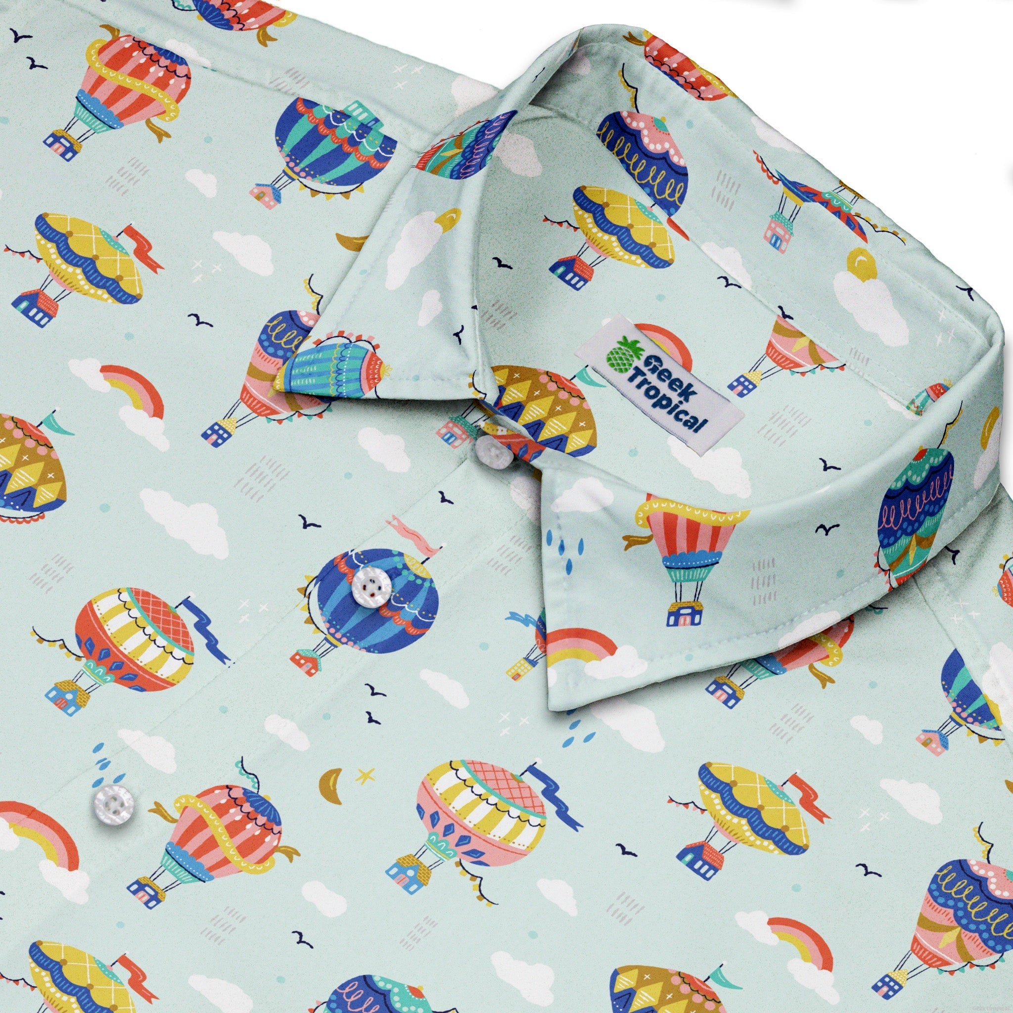 Hot Air Balloon Sky Button Up Shirt Geek Nerd adult sizing Design by Zirkus Design outer space & astronaut print
