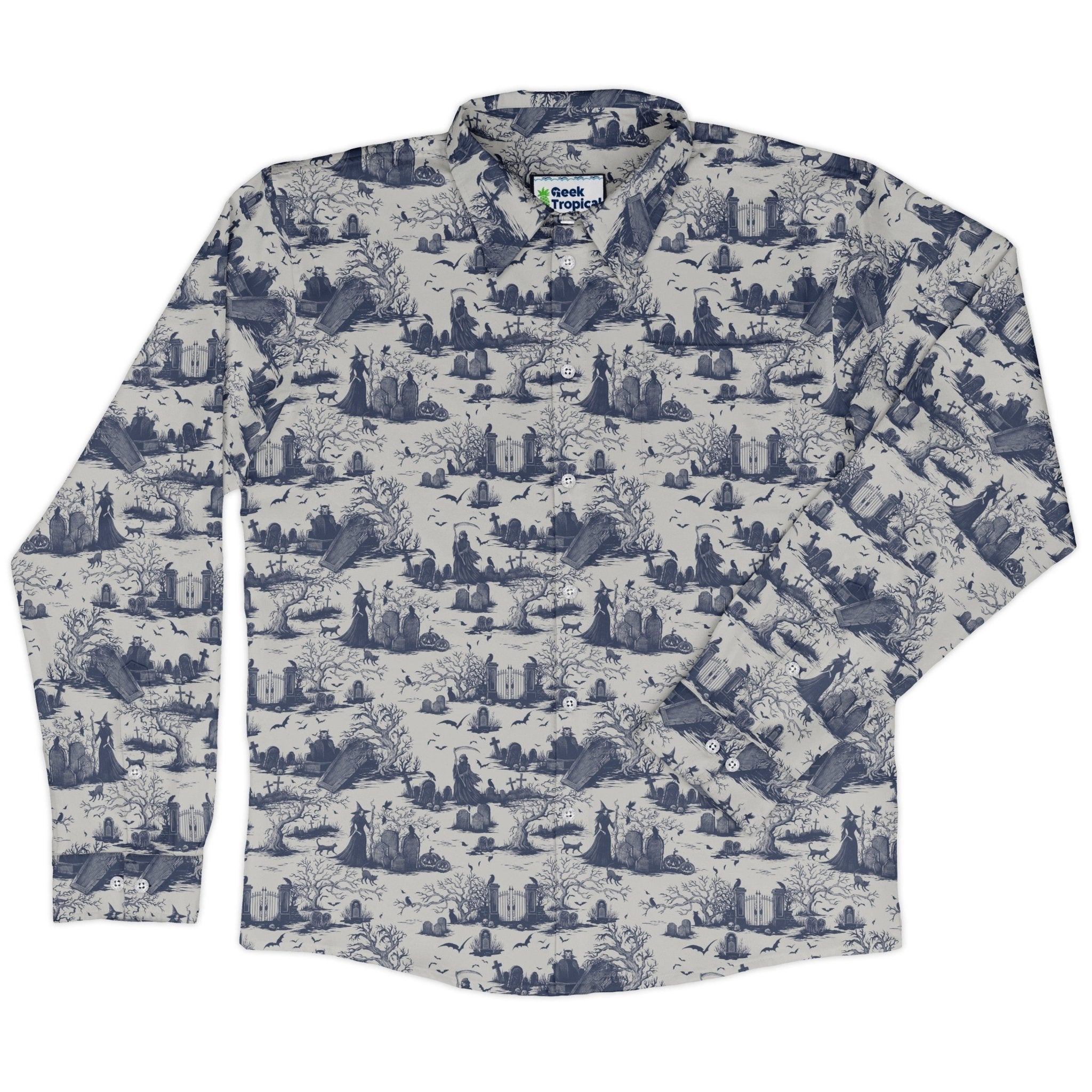 Huanted Graveyard Light Long Sleeve Button Up Shirt Geek Nerd 0925 adult sizing All Adult Button Up Shirts