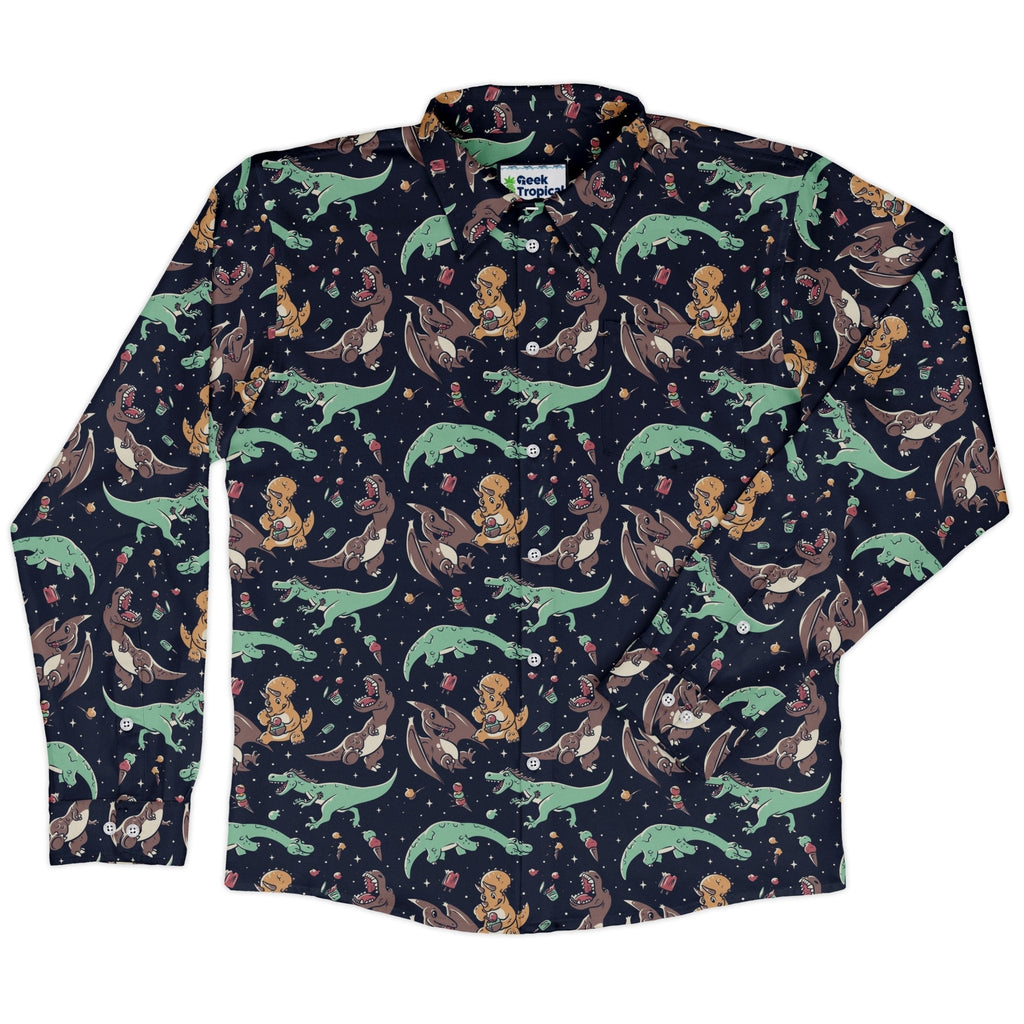 Ice Cream Dinos Long Sleeve Button Up Shirt Geek Nerd 0925 adult sizing All Adult Button Up Shirts