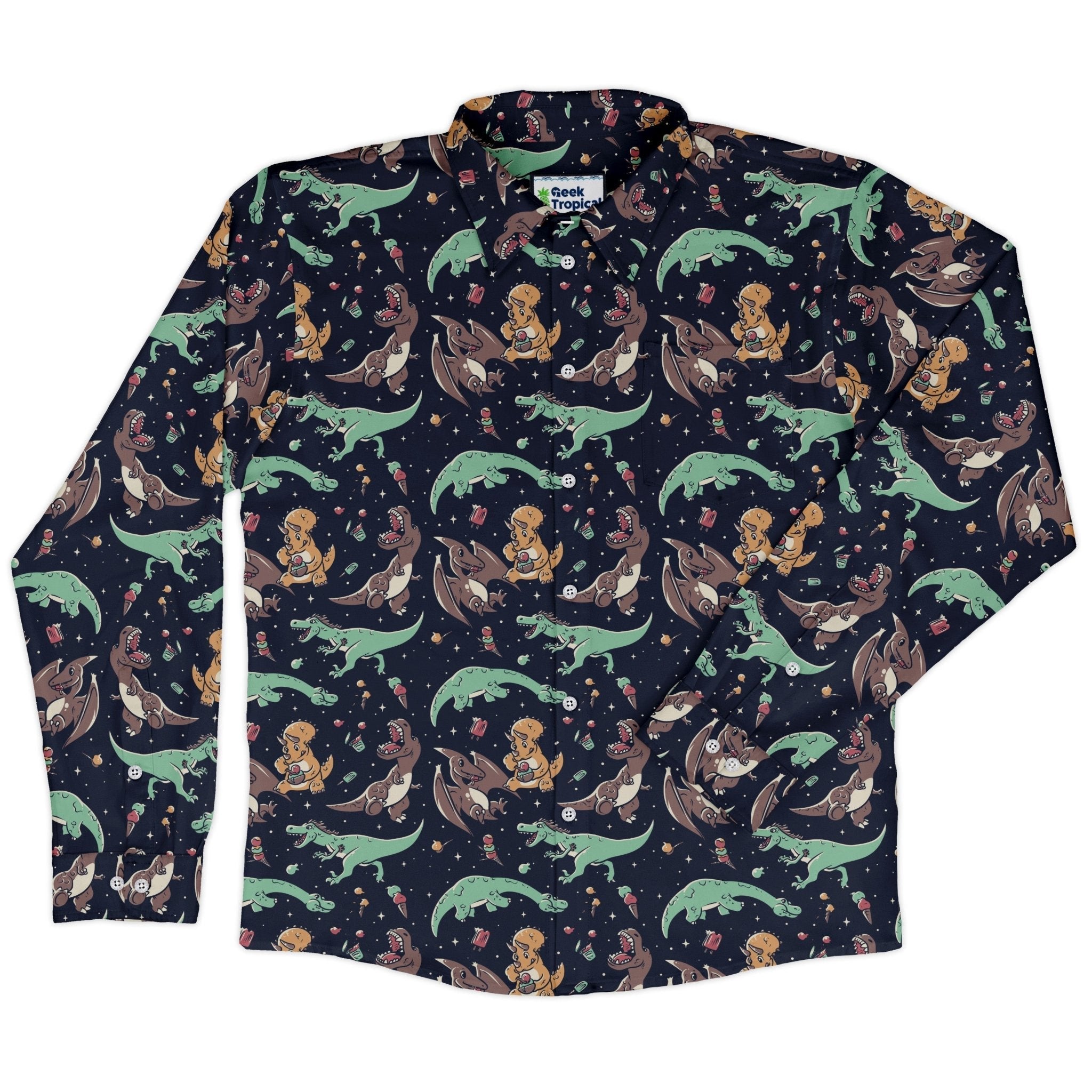 Ice Cream Dinos Long Sleeve Button Up Shirt Geek Nerd 0925 adult sizing All Adult Button Up Shirts