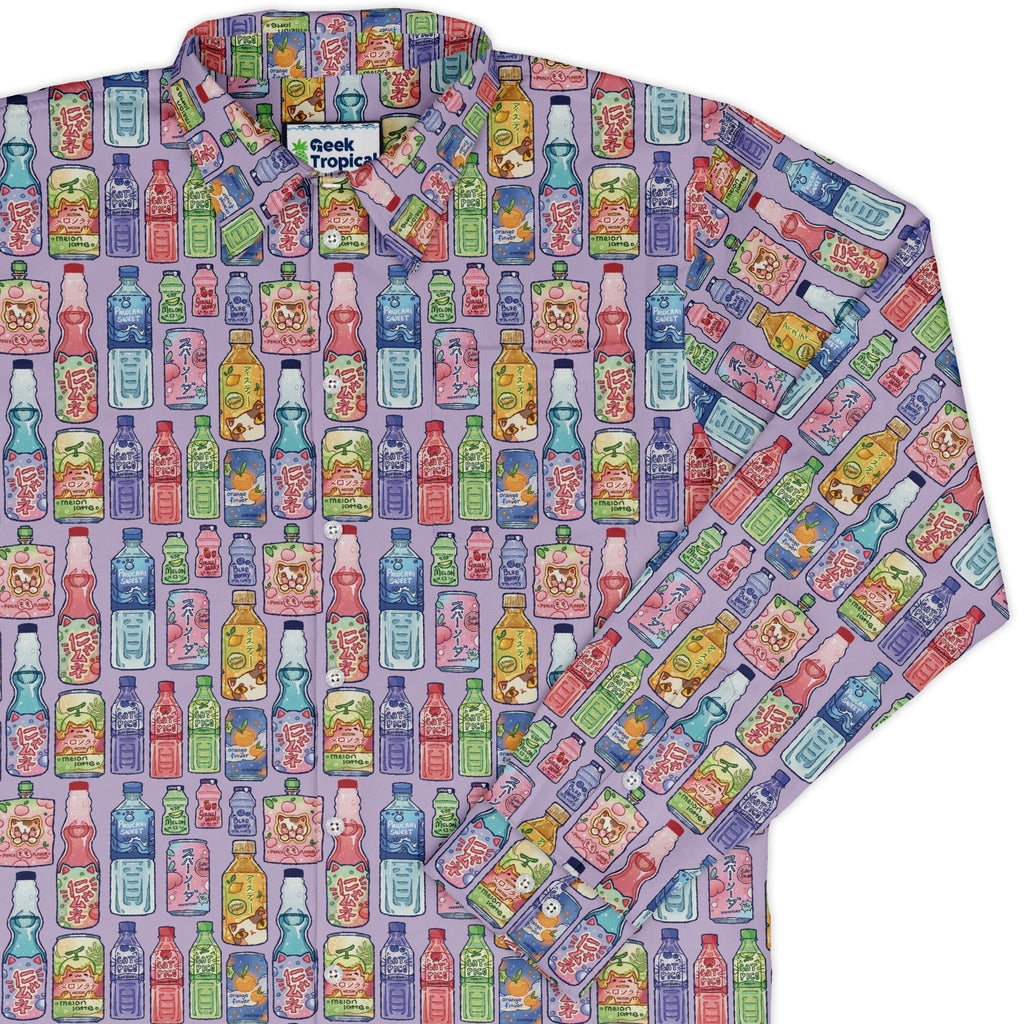 Japanese Vending Machine Drinks Long Sleeve Button Up Shirt Geek Nerd adult sizing anime Design by Ardi Tong