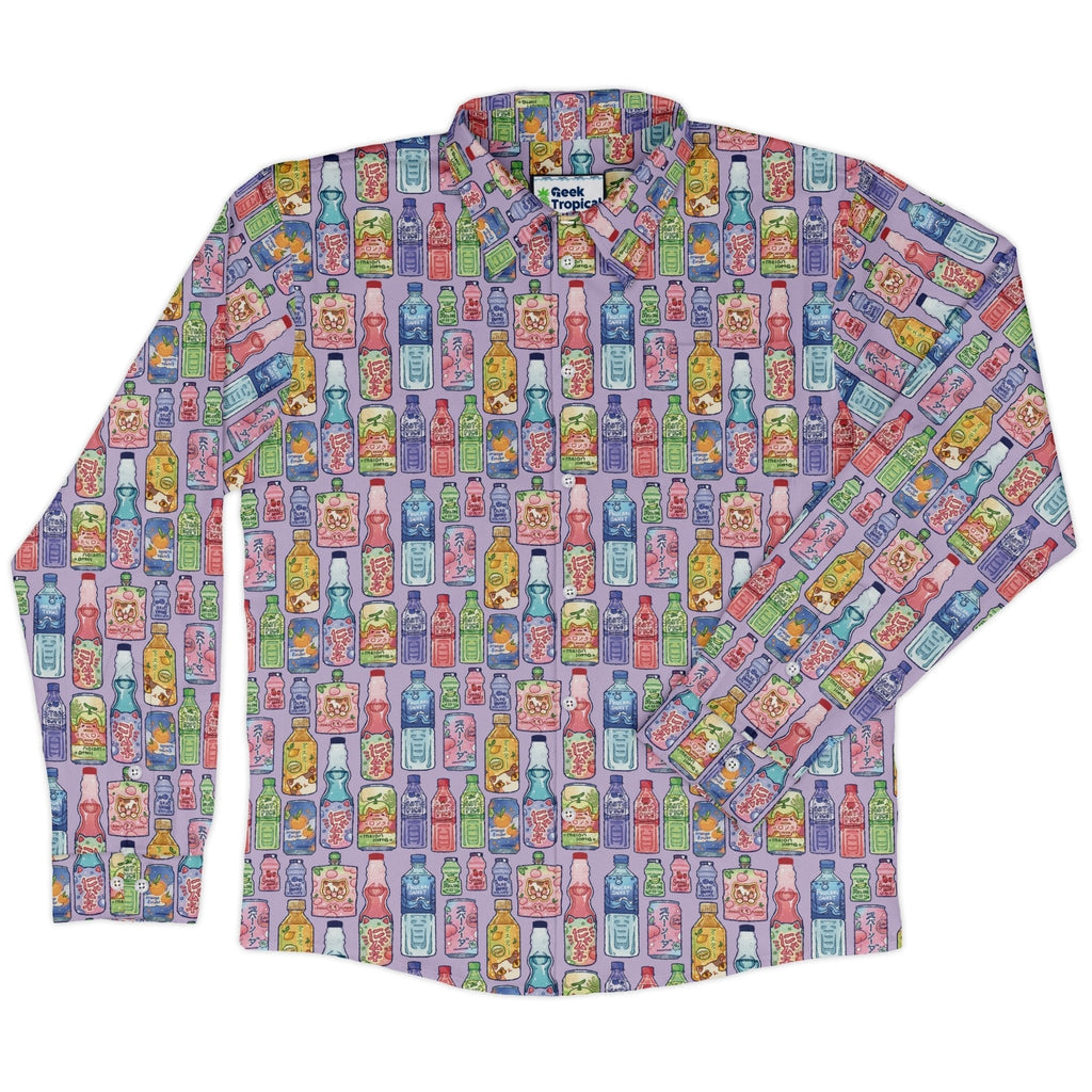 Japanese Vending Machine Drinks Long Sleeve Button Up Shirt Geek Nerd adult sizing anime Design by Ardi Tong