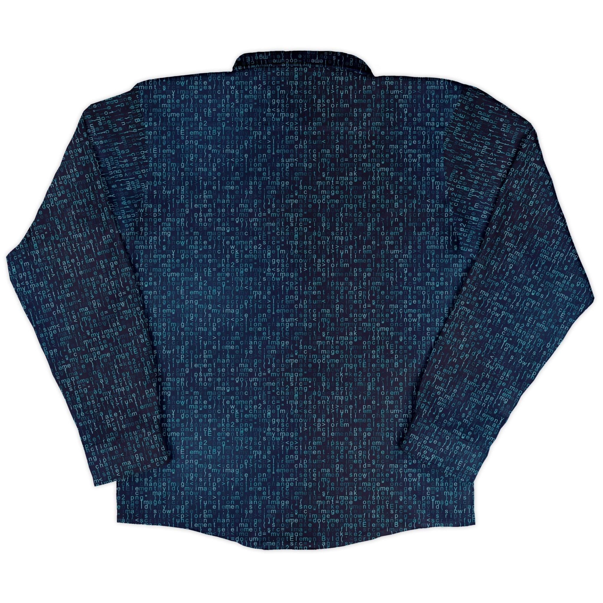 Javascript Computer Code Blue Long Sleeve Button Up Shirt Geek Nerd adult sizing computer print FLOW DESC WRITING