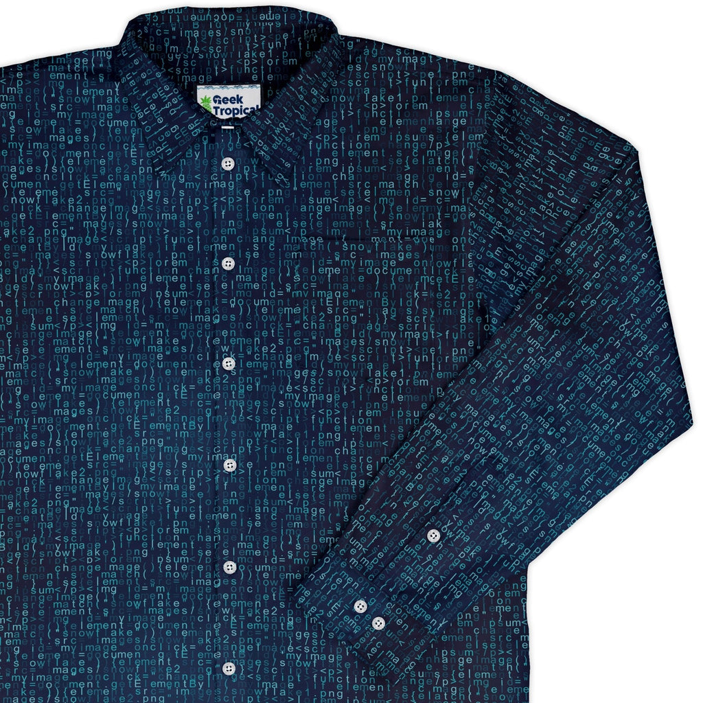 Javascript Computer Code Blue Long Sleeve Button Up Shirt Geek Nerd adult sizing computer print FLOW DESC WRITING