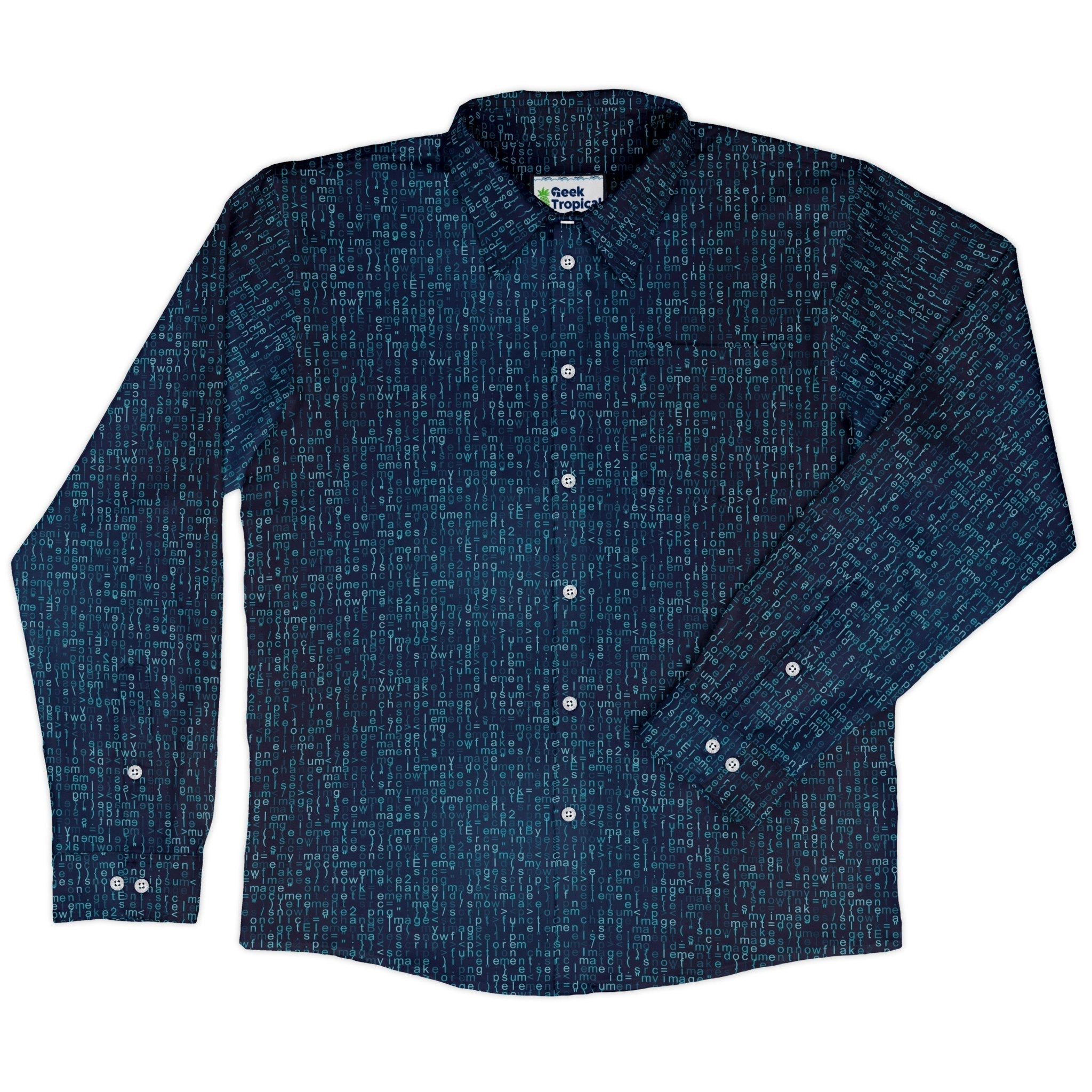Javascript Computer Code Blue Long Sleeve Button Up Shirt Geek Nerd adult sizing computer print FLOW DESC WRITING