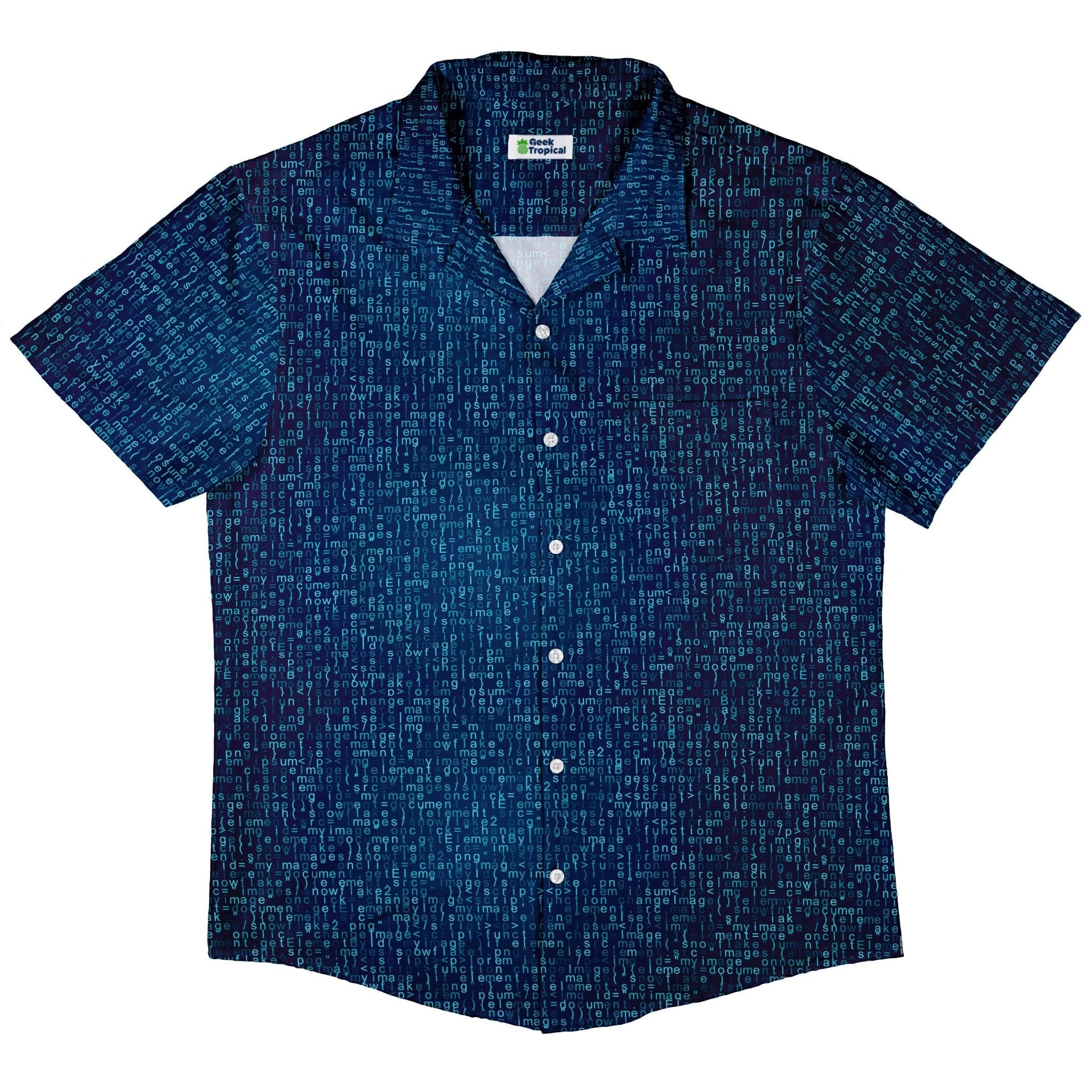 Javascript Computer Code Blue Button Up Shirt - adult sizing - computer print - Simple Patterns