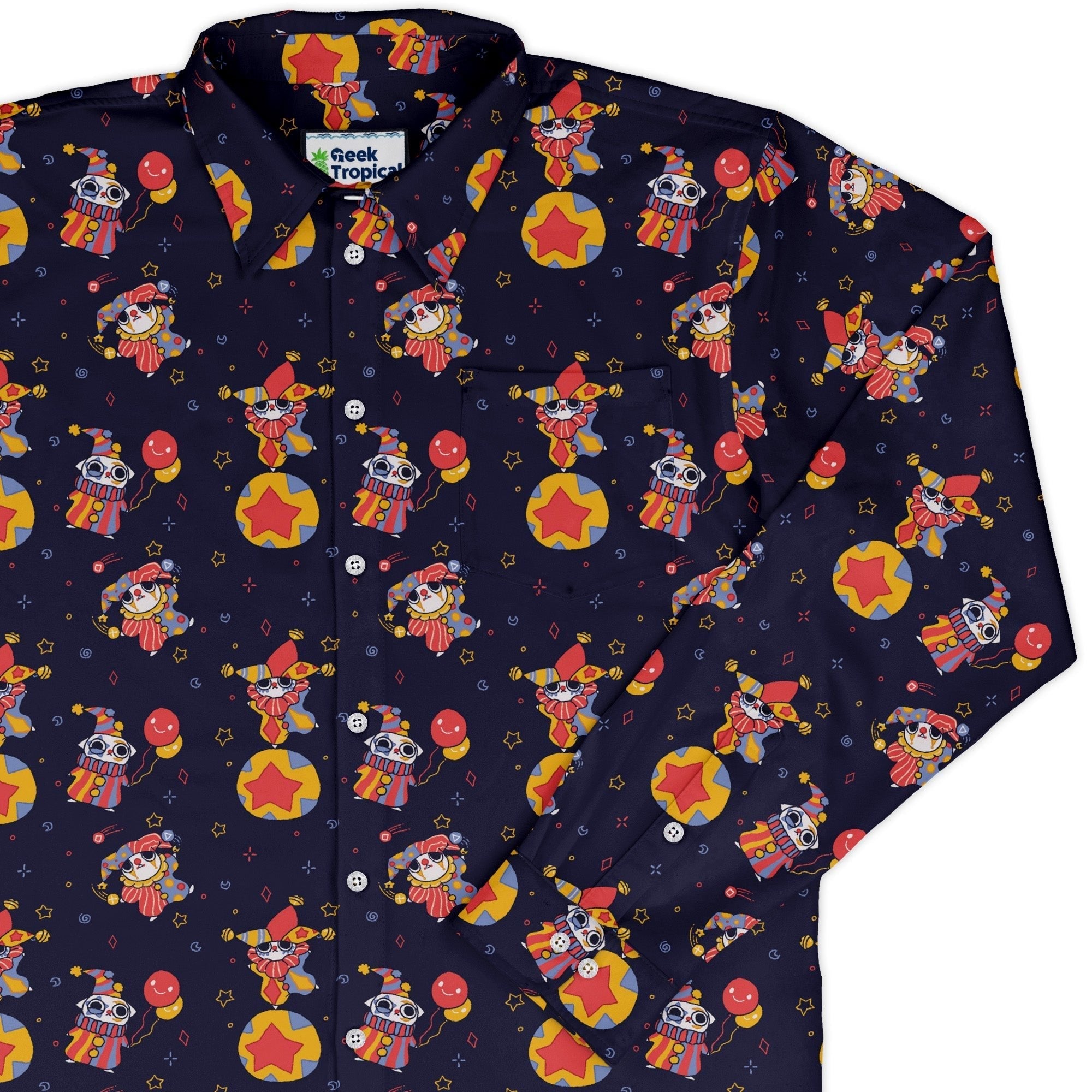 Jester Cats Long Sleeve Button Up Shirt Geek Nerd adult sizing Design by Ardi Tong FLOW DESC WRITING